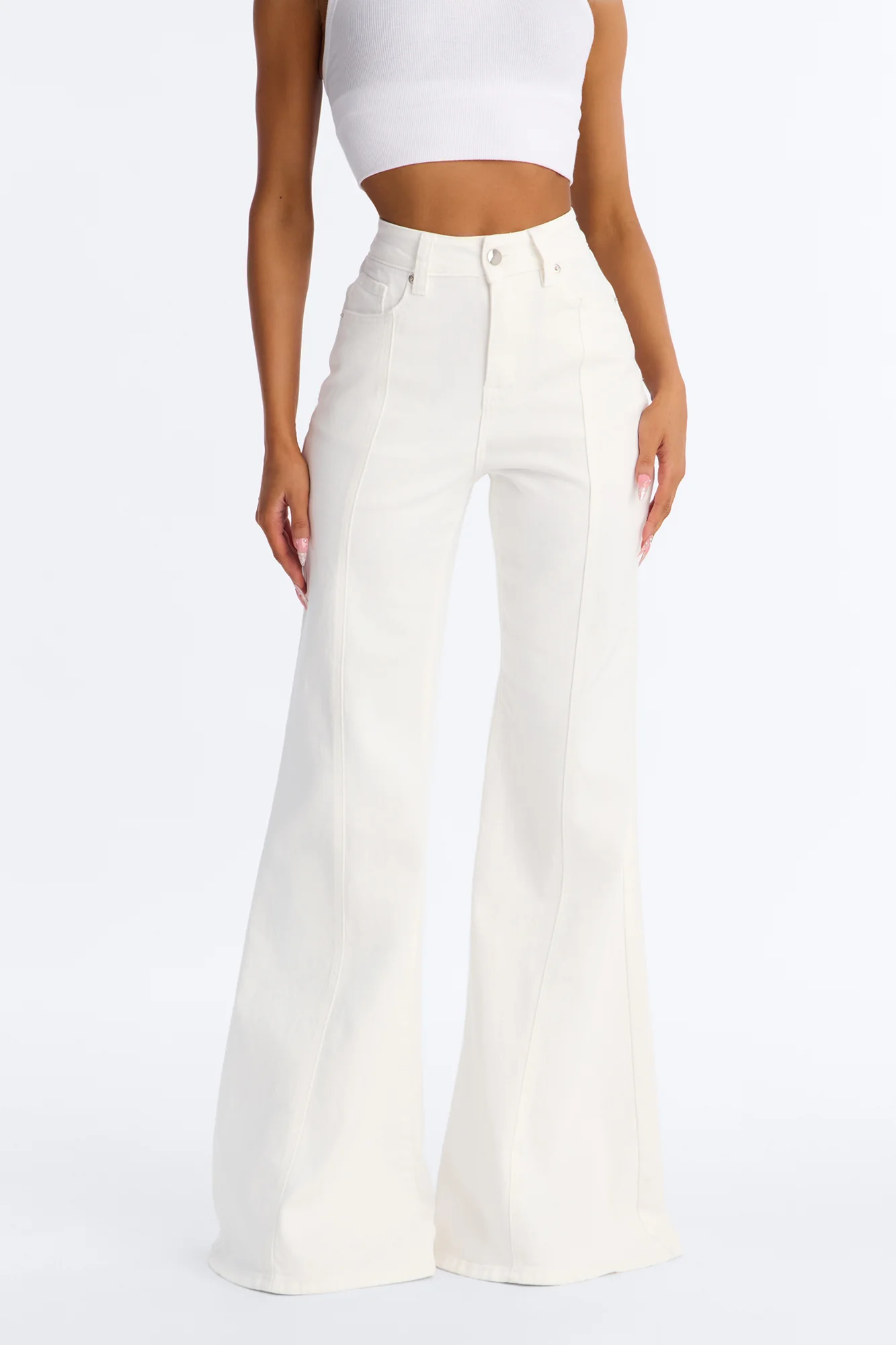 Mel High Rise Stretch Bell Bottom Flare Jeans - Cream - Image 2
