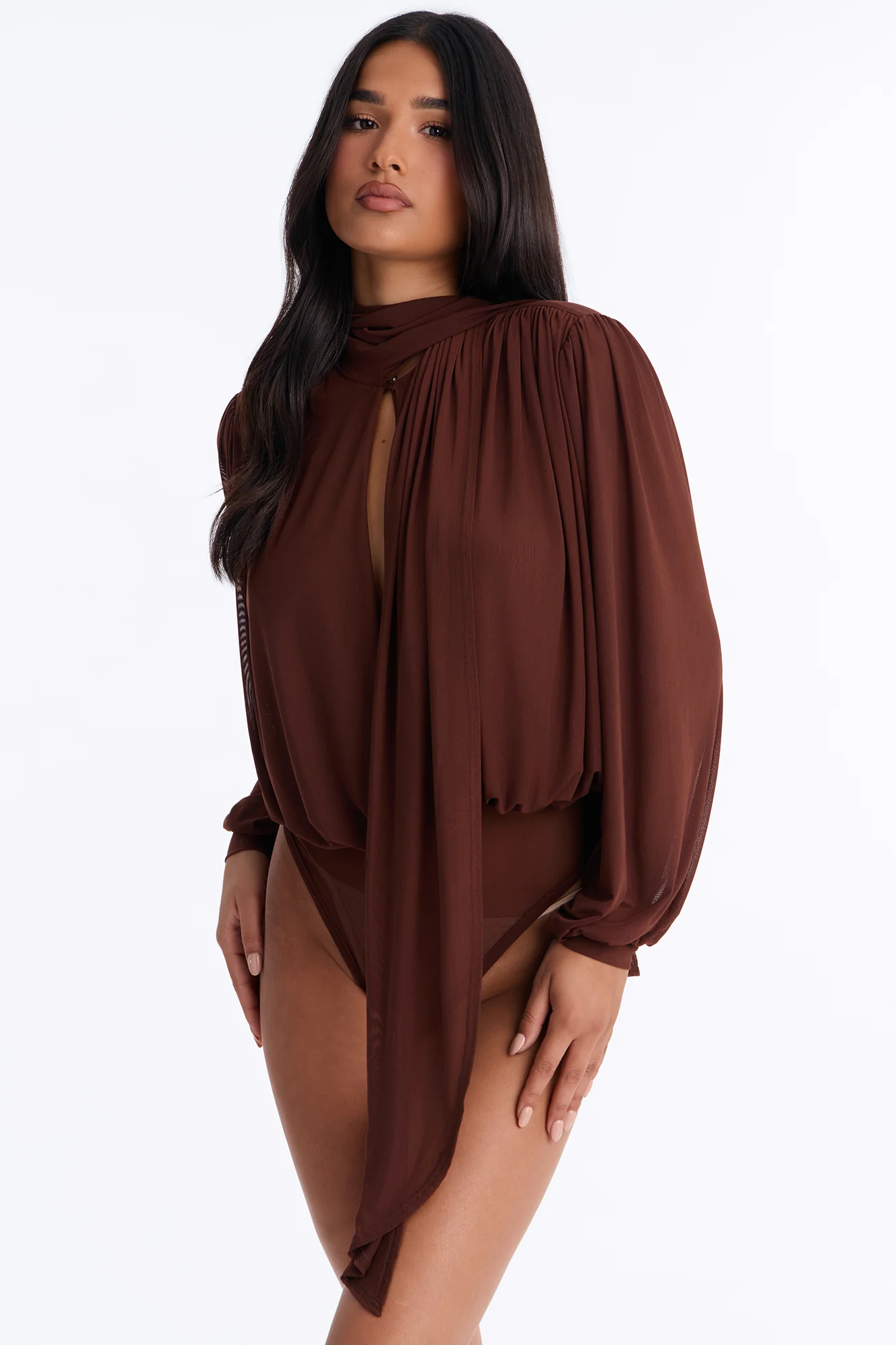 Melinna Mesh Scarf Long Sleeve Bodysuit - Chocolate