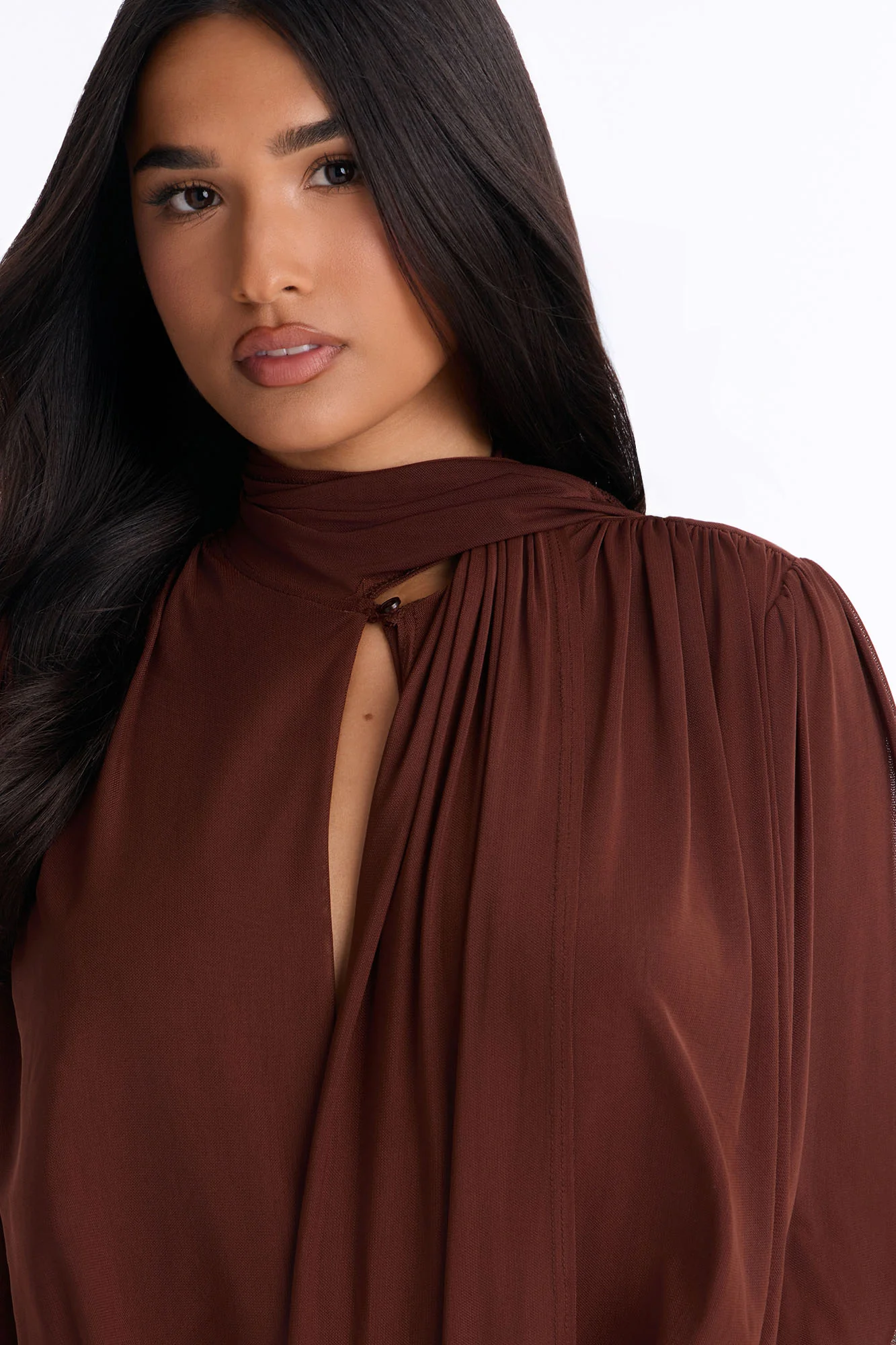 Melinna Mesh Scarf Long Sleeve Bodysuit - Chocolate - Image 3