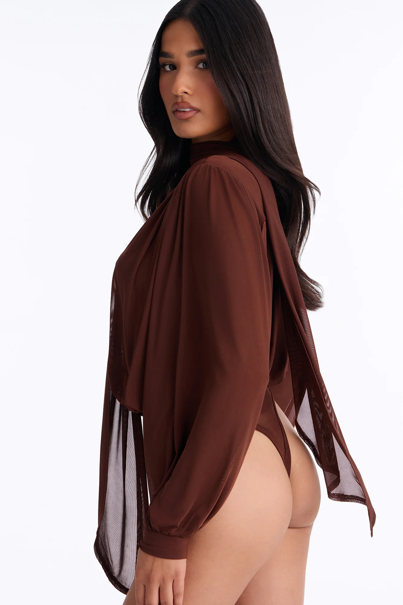 Melinna Mesh Scarf Long Sleeve Bodysuit - Chocolate - Image 4