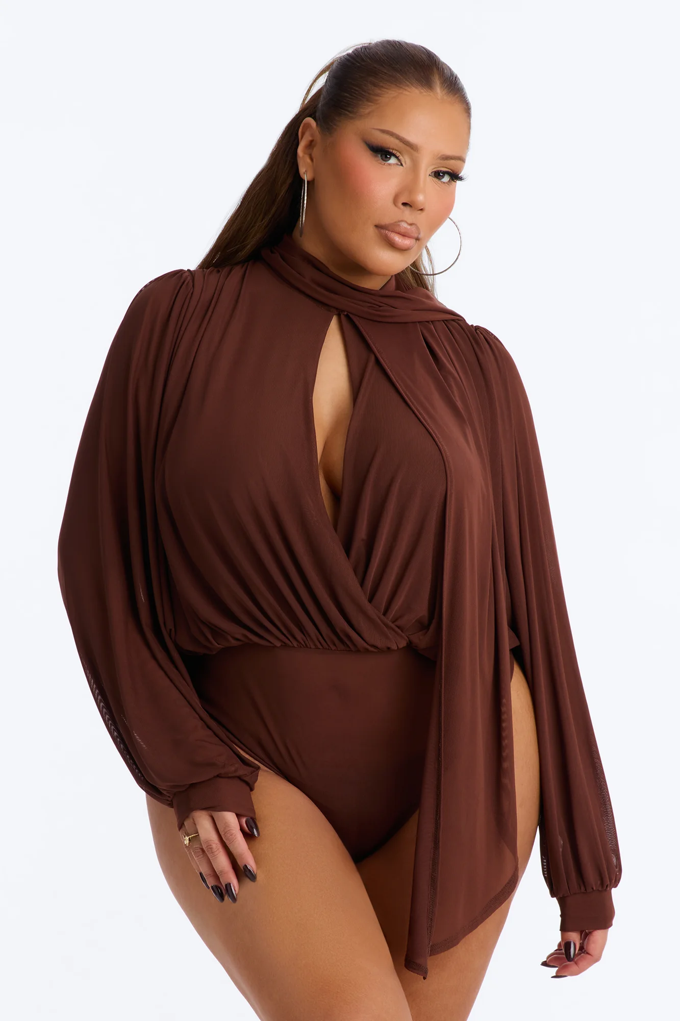 Melinna Mesh Scarf Long Sleeve Bodysuit - Chocolate - Image 5