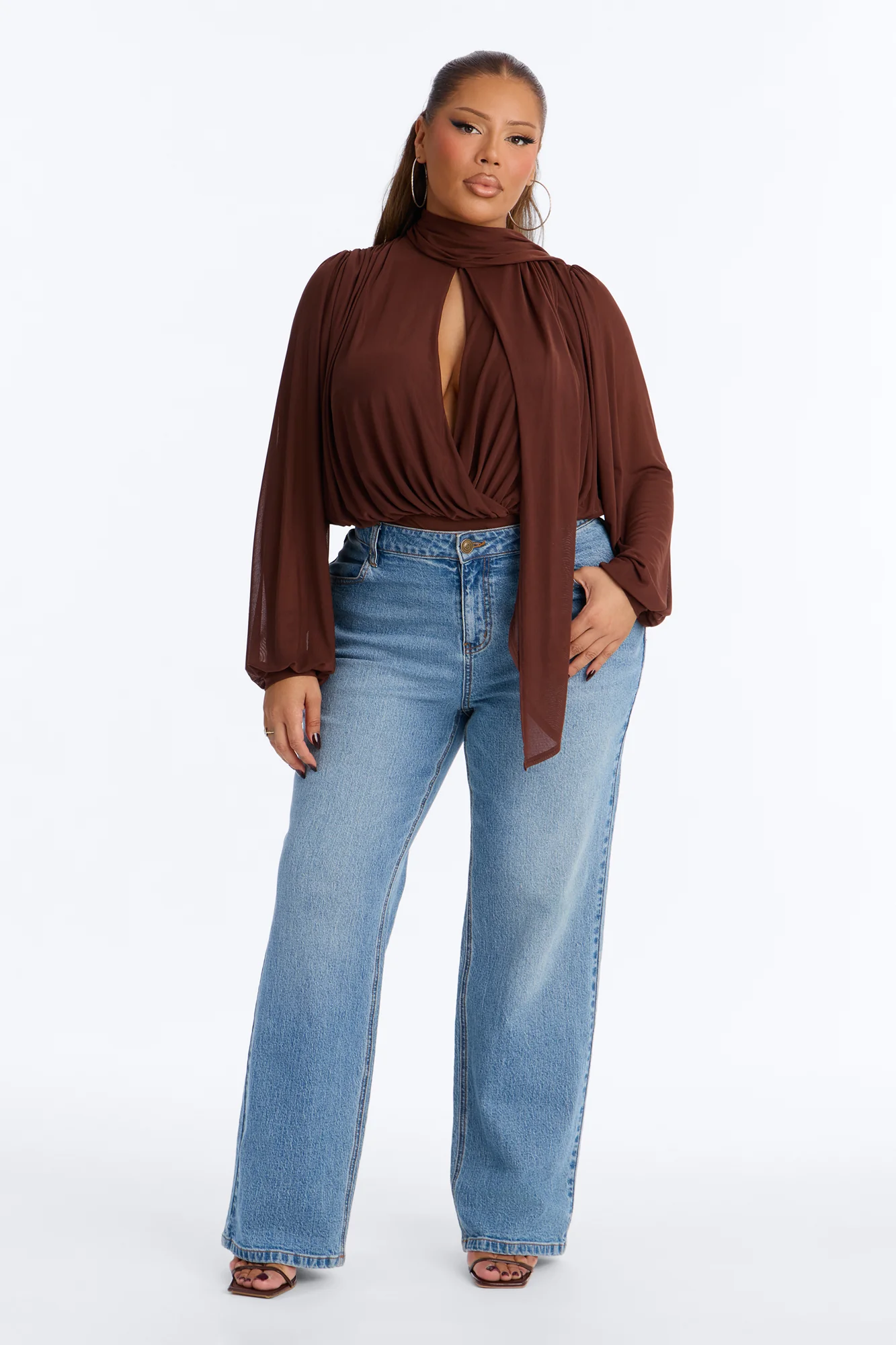 Melinna Mesh Scarf Long Sleeve Bodysuit - Chocolate - Image 6