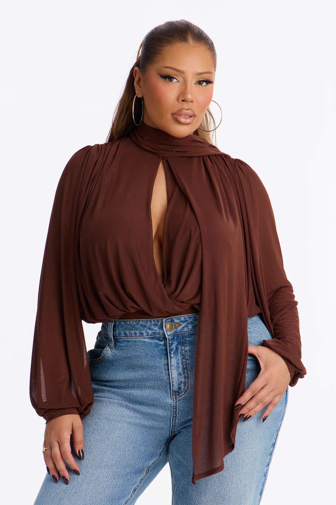 Melinna Mesh Scarf Long Sleeve Bodysuit - Chocolate - Image 7