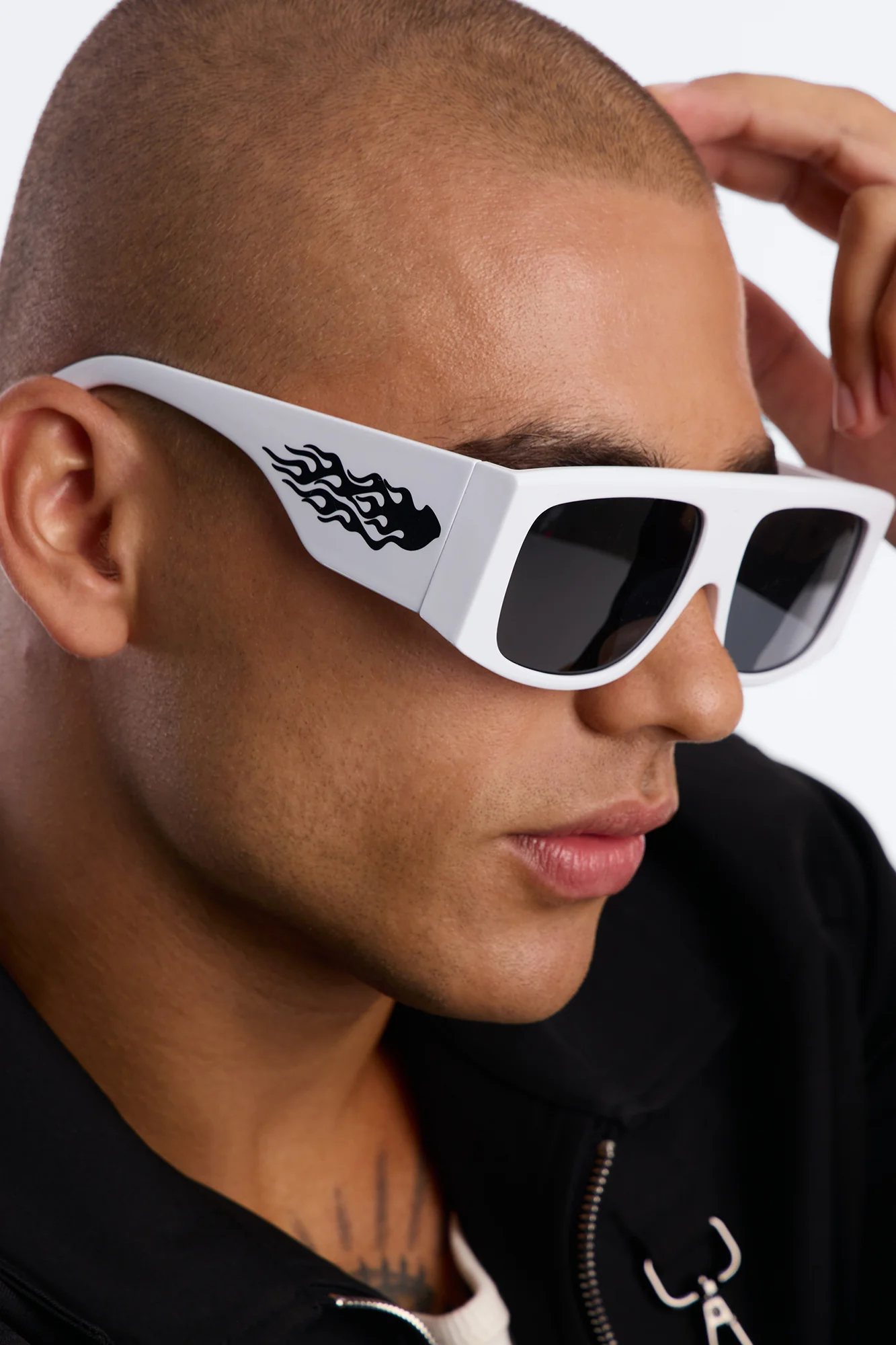 Metallic Flames Flat Top Square Frame Sunglasses - White/Black