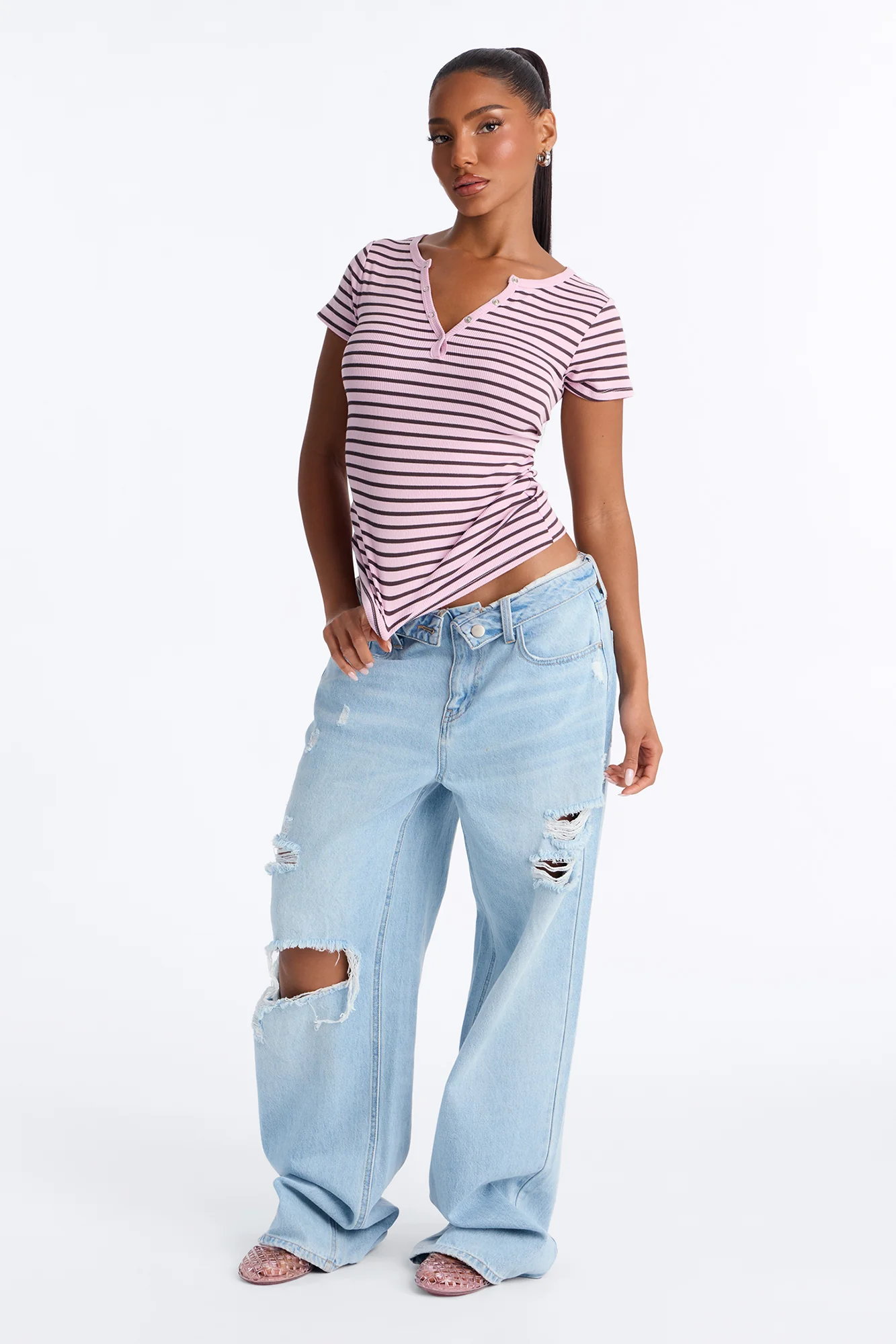 Mia Ribbed Button Up Striped Short Sleeve Top - Pink/combo - Image 2