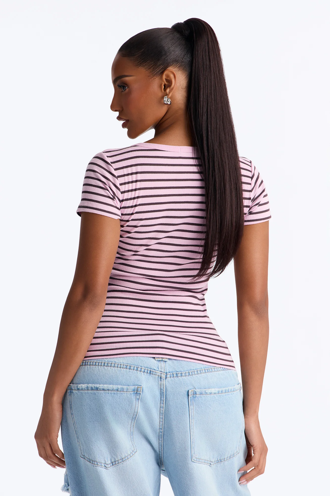 Mia Ribbed Button Up Striped Short Sleeve Top - Pink/combo - Image 4