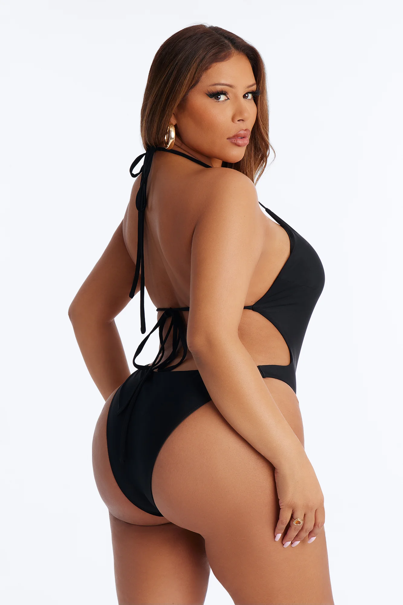 Miami Beat Studded 1 Piece Halter Cut Out Swimsuit - Black - Image 6