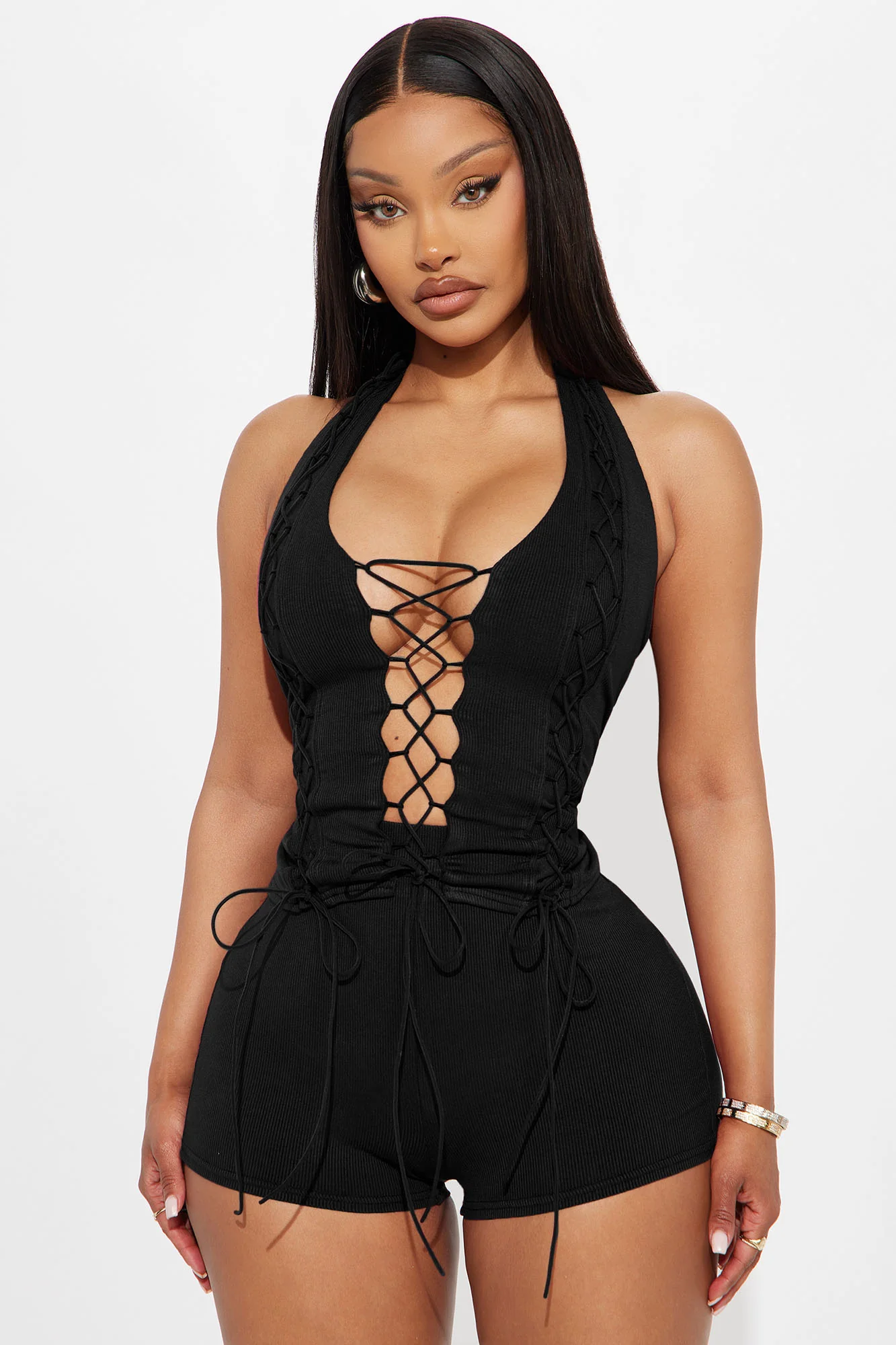 Midnight Madness Lace Up Halter Top and Short Set - Black