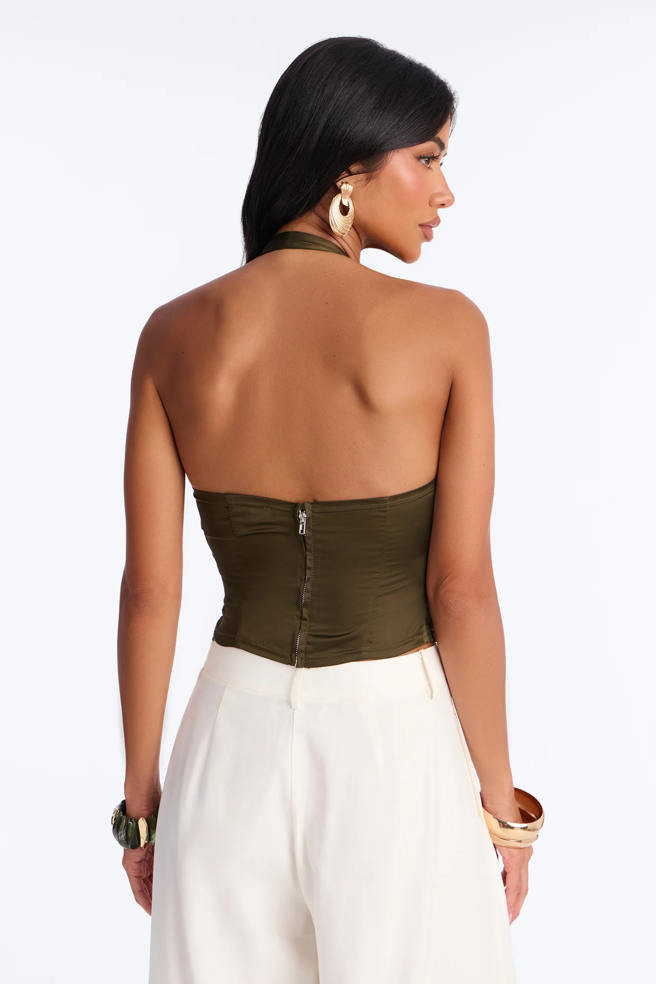 Midnight Mischief Tie Front Satin Halter Top - Dark Olive - Image 4