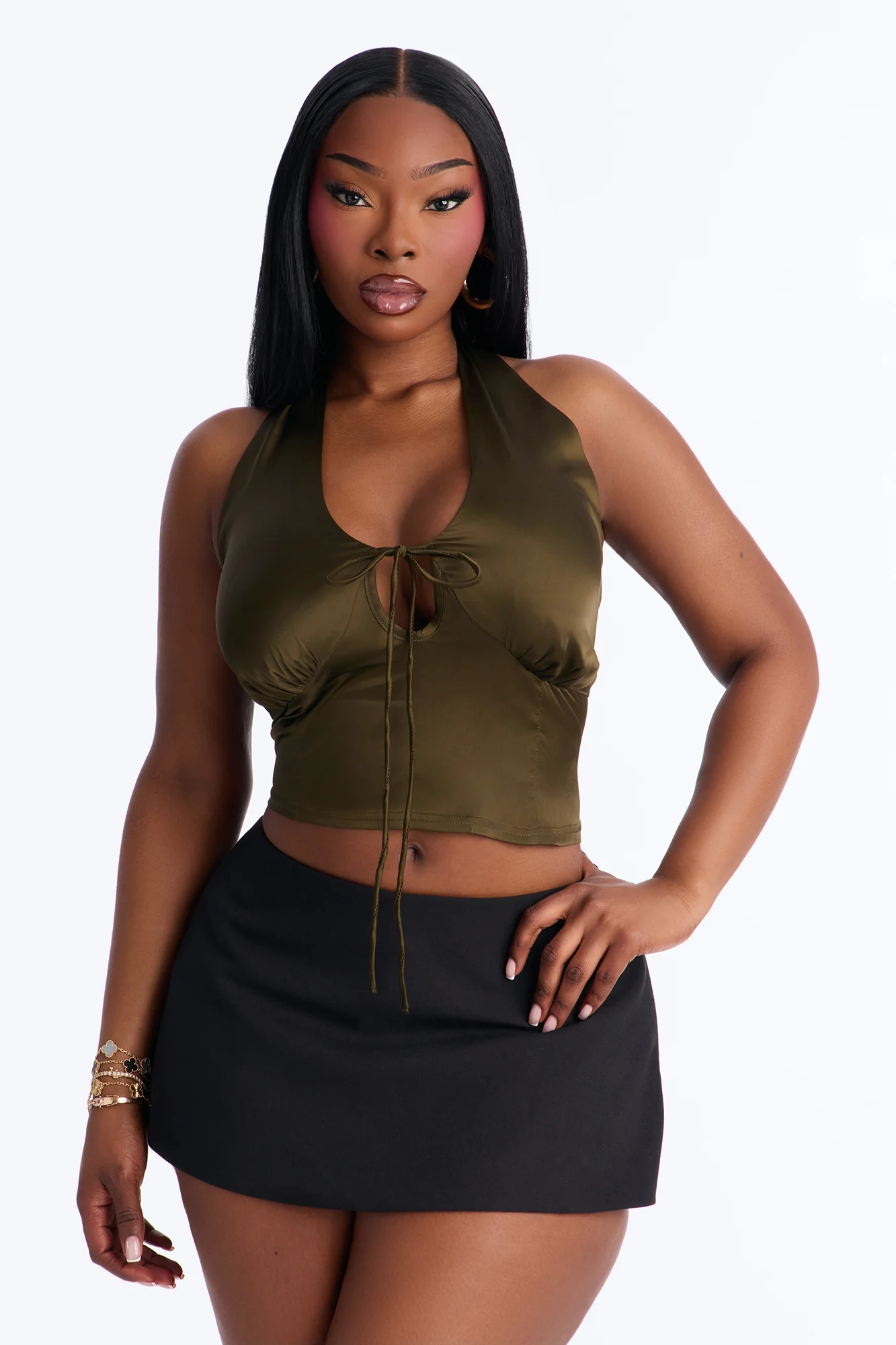 Midnight Mischief Tie Front Satin Halter Top - Dark Olive - Image 5
