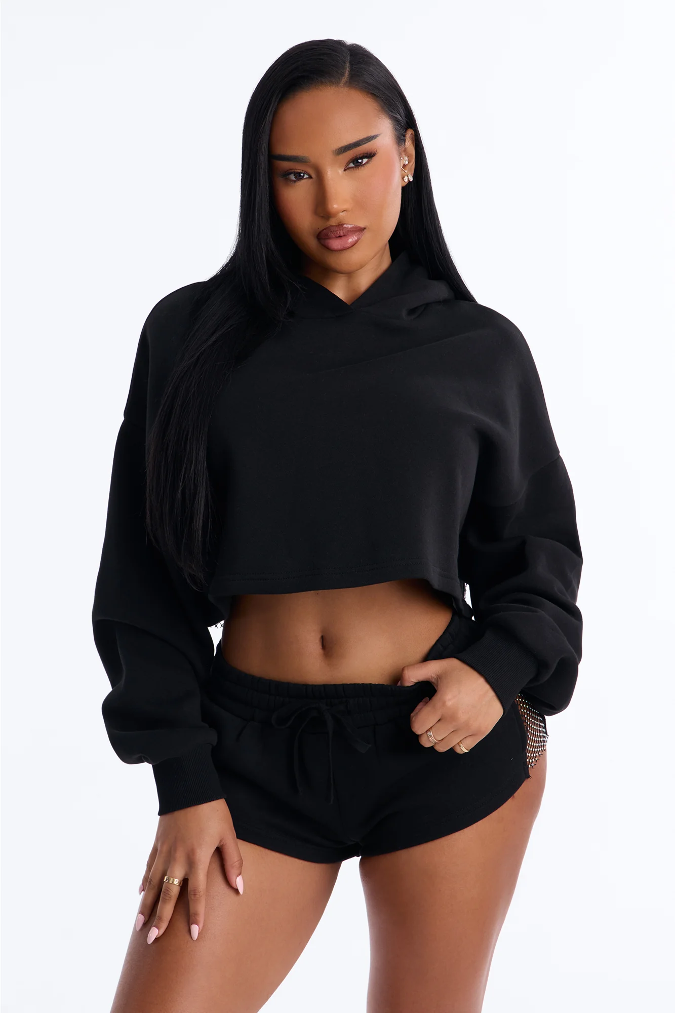 Midnight Sparkle Rhinestone Fleece Short Set - Black - Image 3