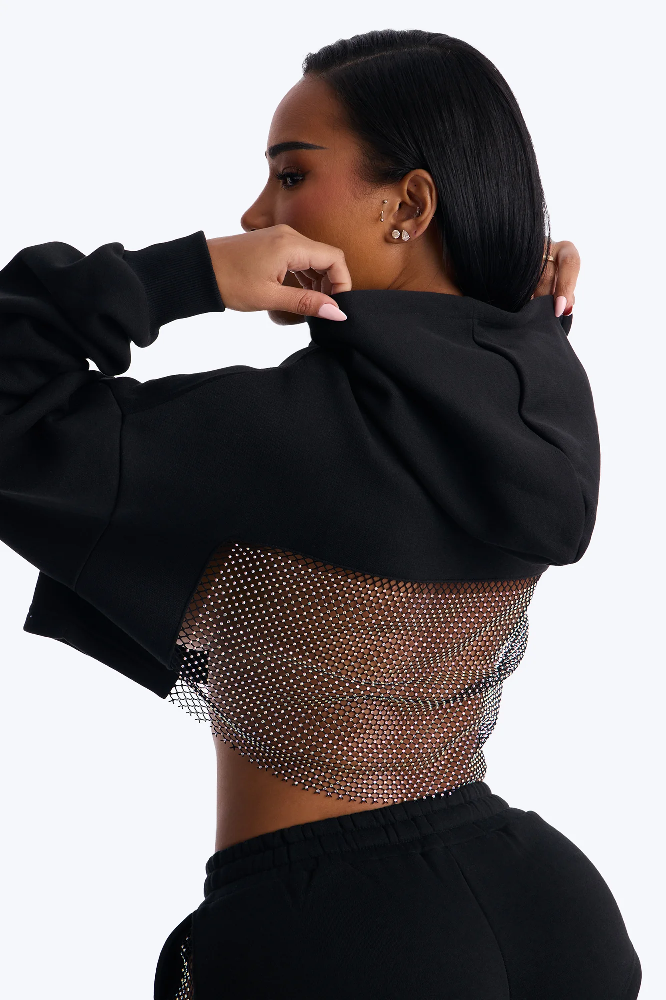 Midnight Sparkle Rhinestone Fleece Short Set - Black - Image 5