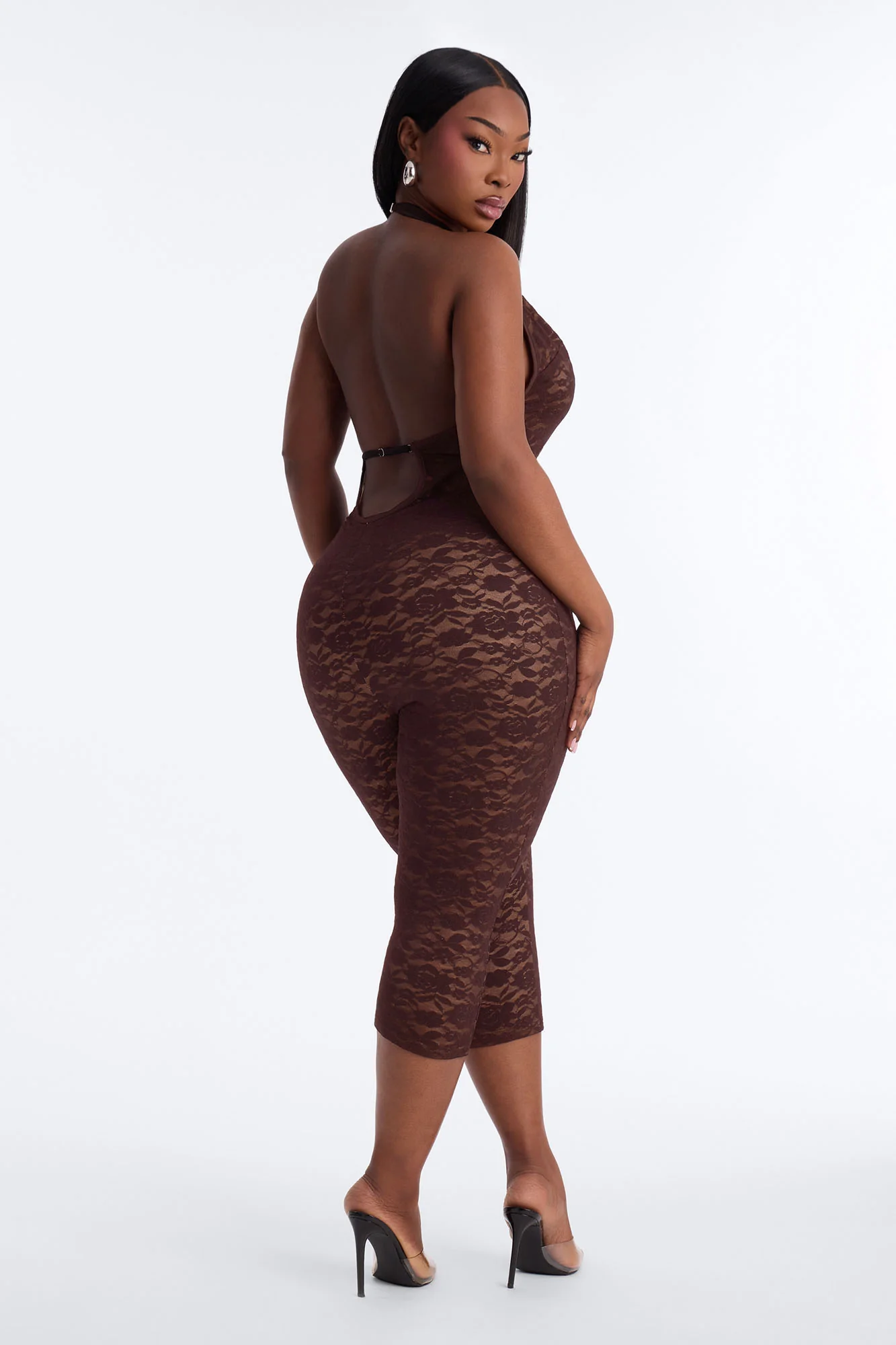 Midnight Strolls Backless Lace Jumpsuit - Chocolate - Image 6