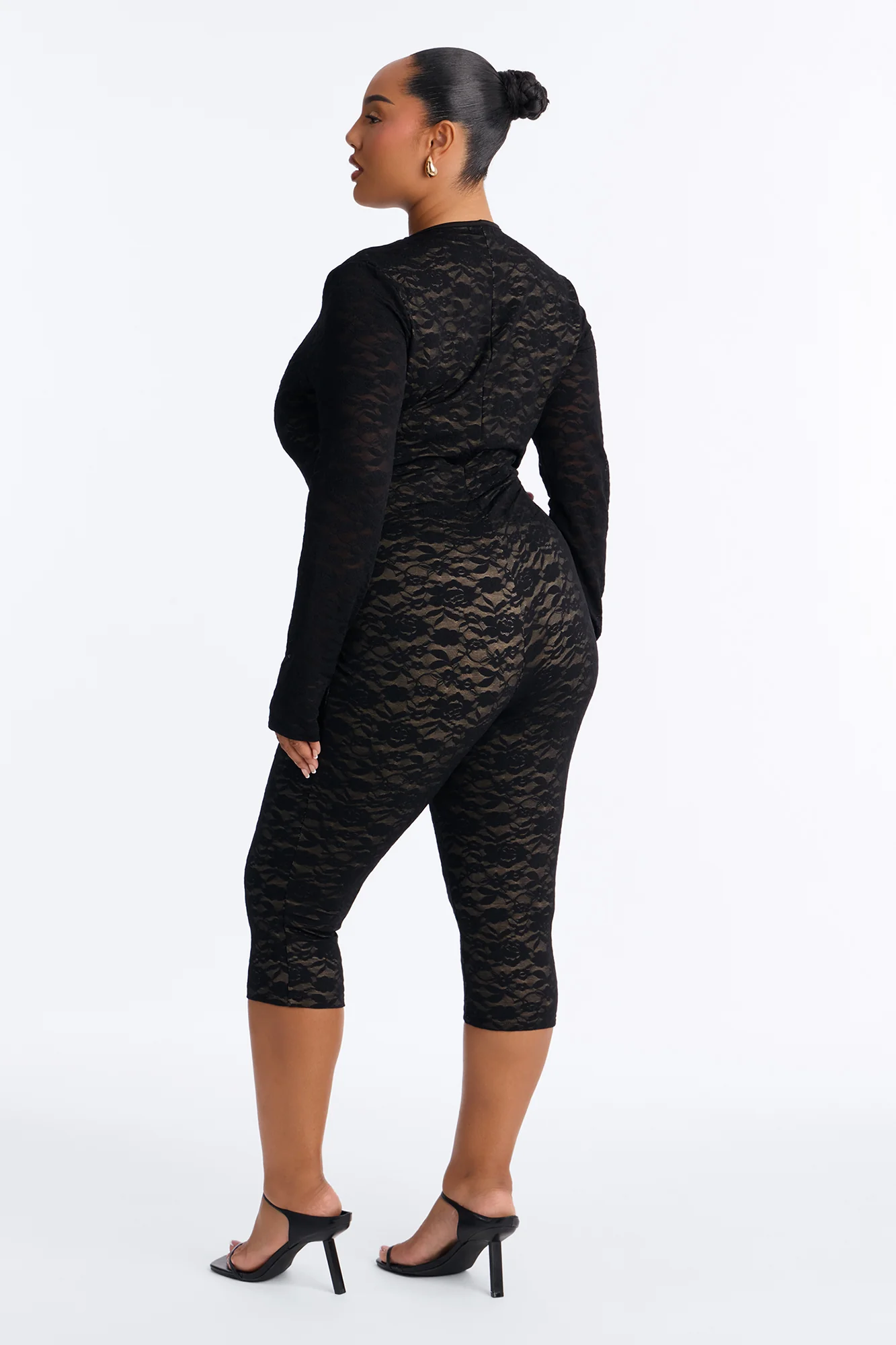 Midnight Strolls Long Sleeve Lace Capri Jumpsuit - Black - Image 4