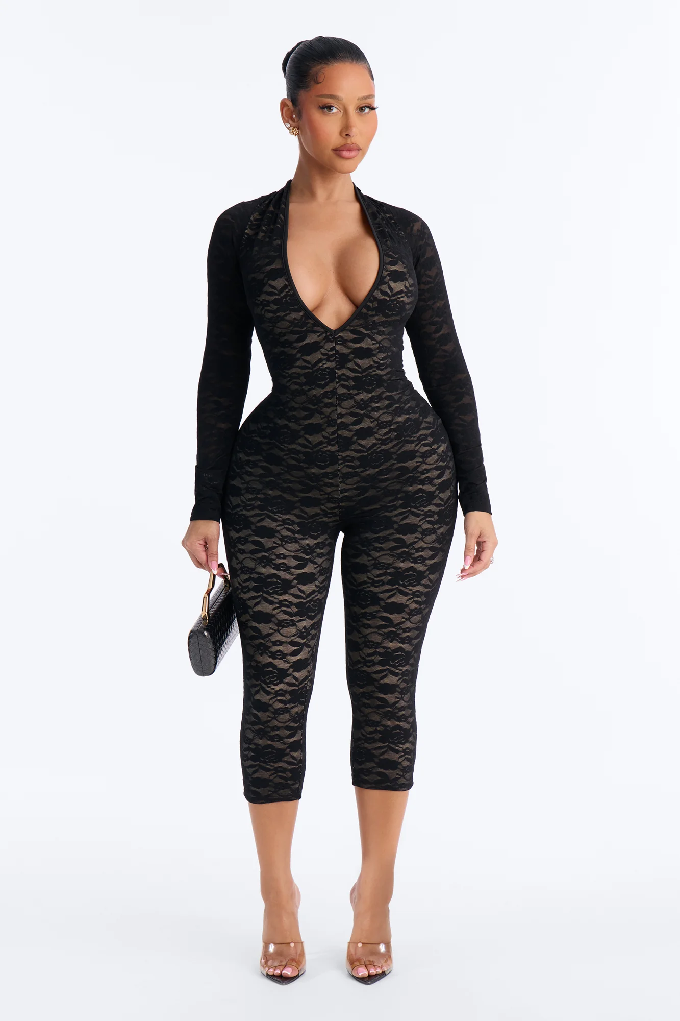 Midnight Strolls Long Sleeve Lace Capri Jumpsuit - Black - Image 5