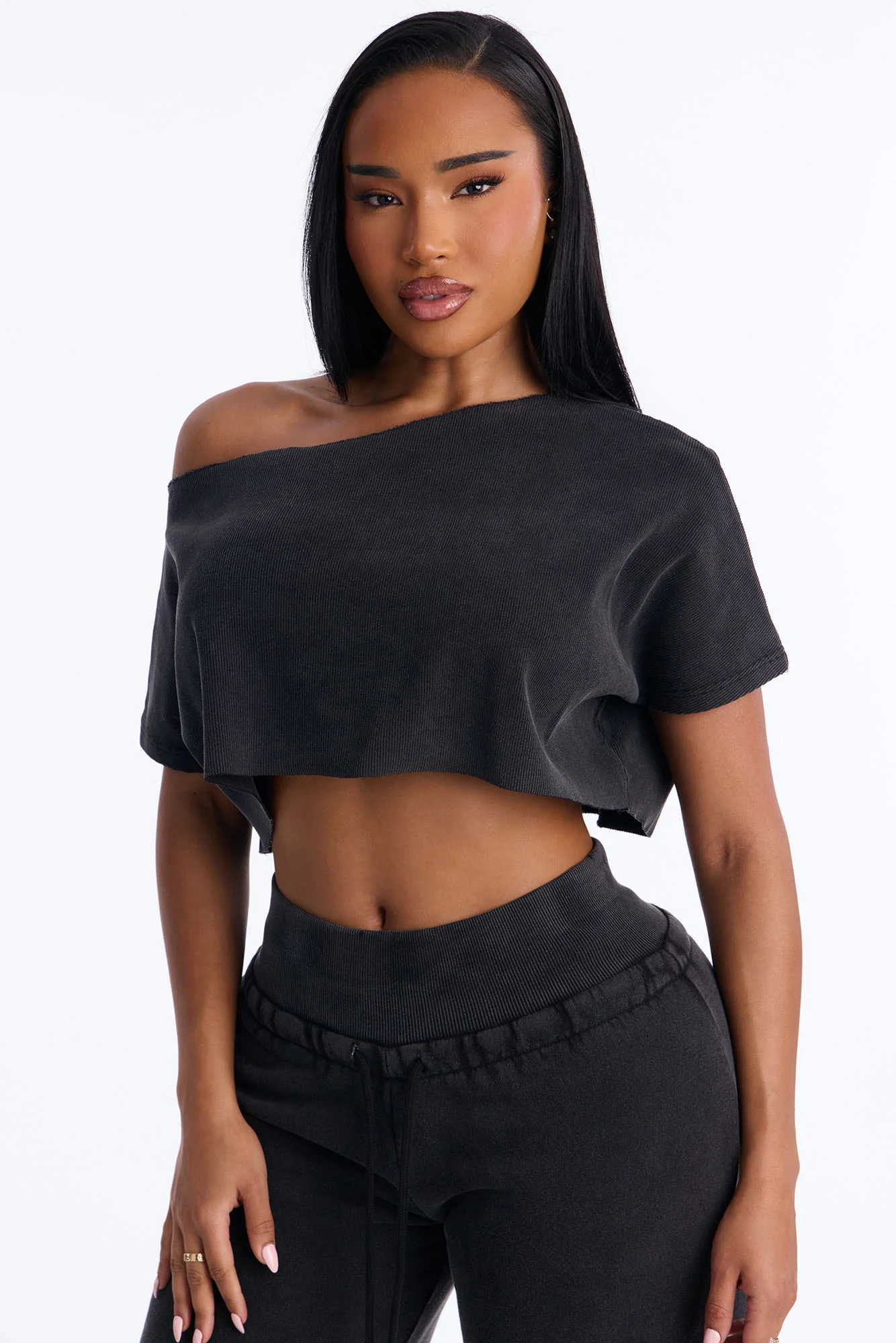 Mila Off Shoulder Top And Sweatpant Set - Charcoal - Image 3