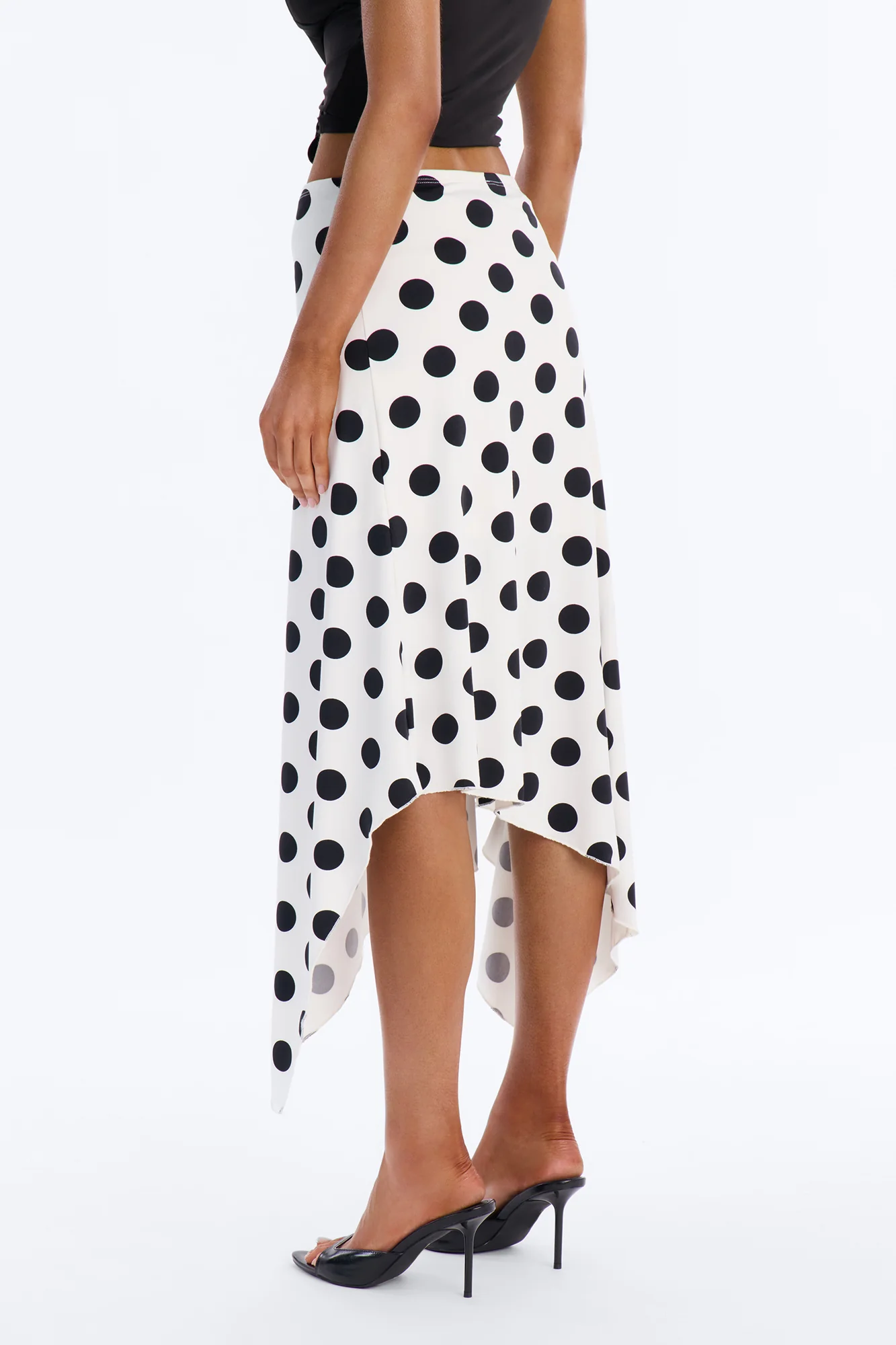 Mila Polka Dot Asymmetrical Maxi Skirt - White/Black - Image 3