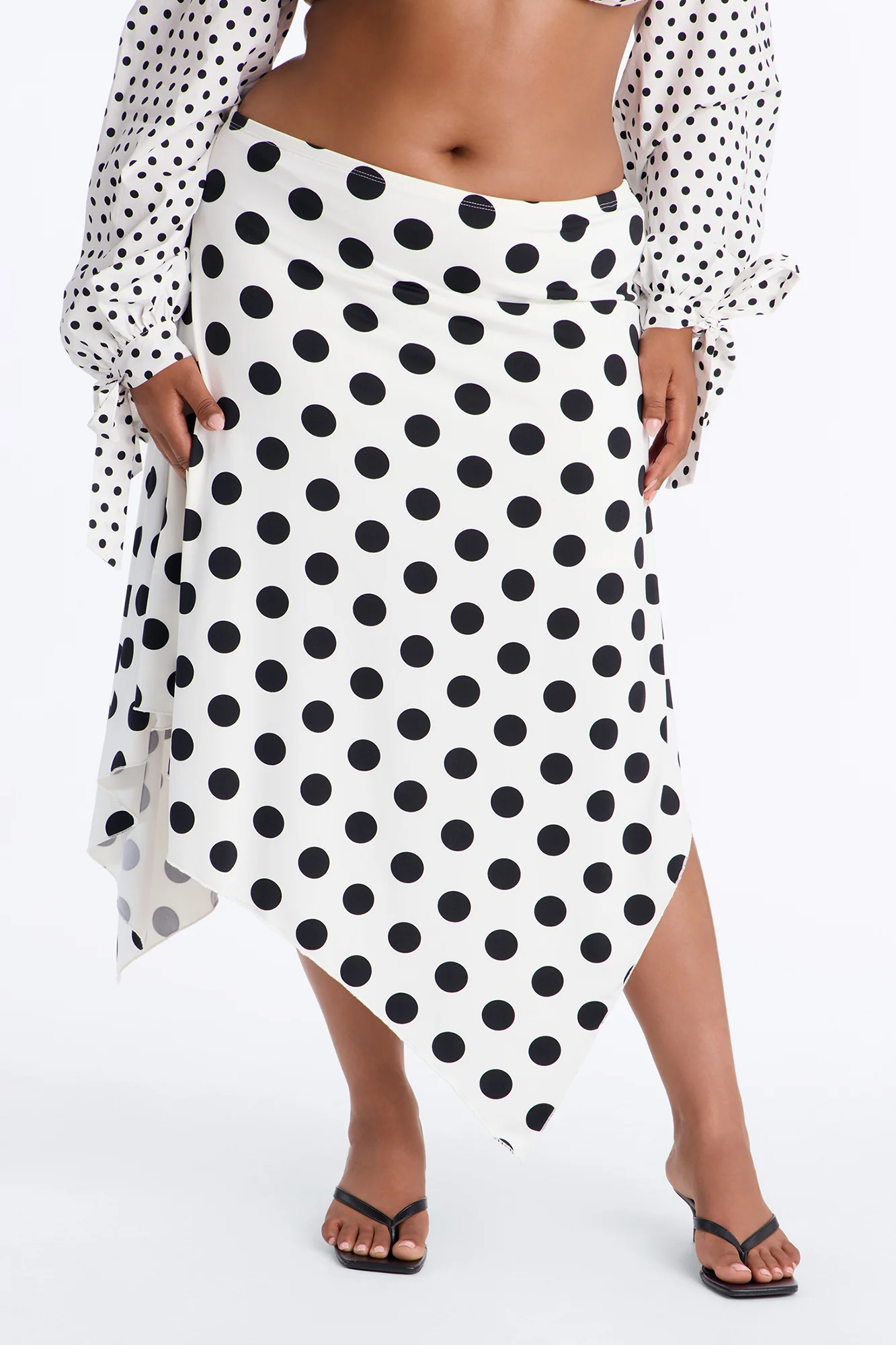 Mila Polka Dot Asymmetrical Maxi Skirt - White/Black - Image 5