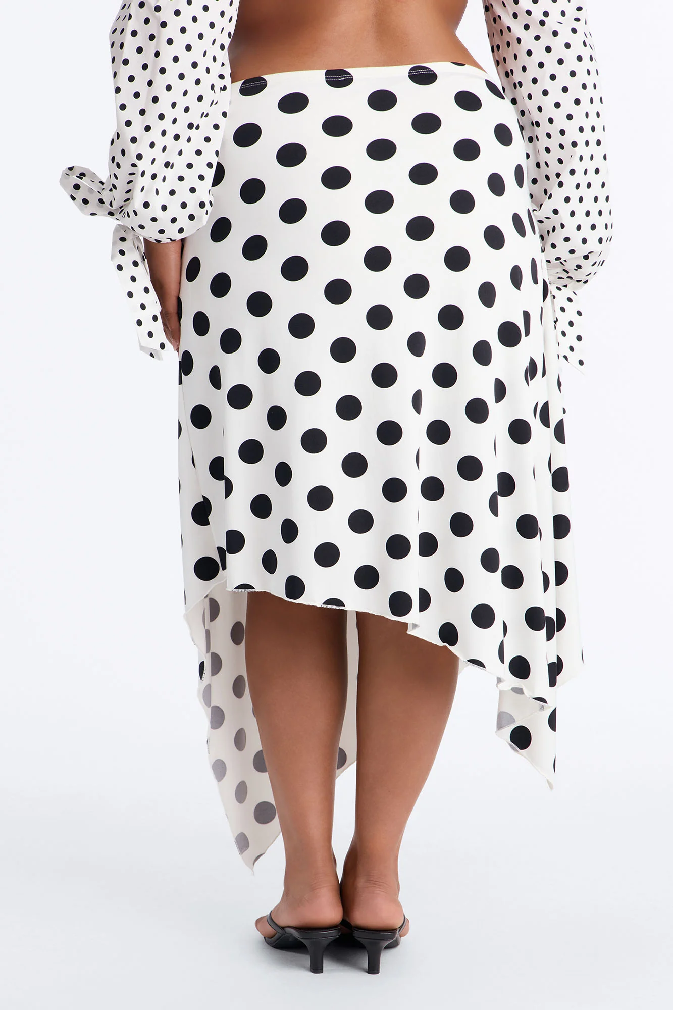 Mila Polka Dot Asymmetrical Maxi Skirt - White/Black - Image 7