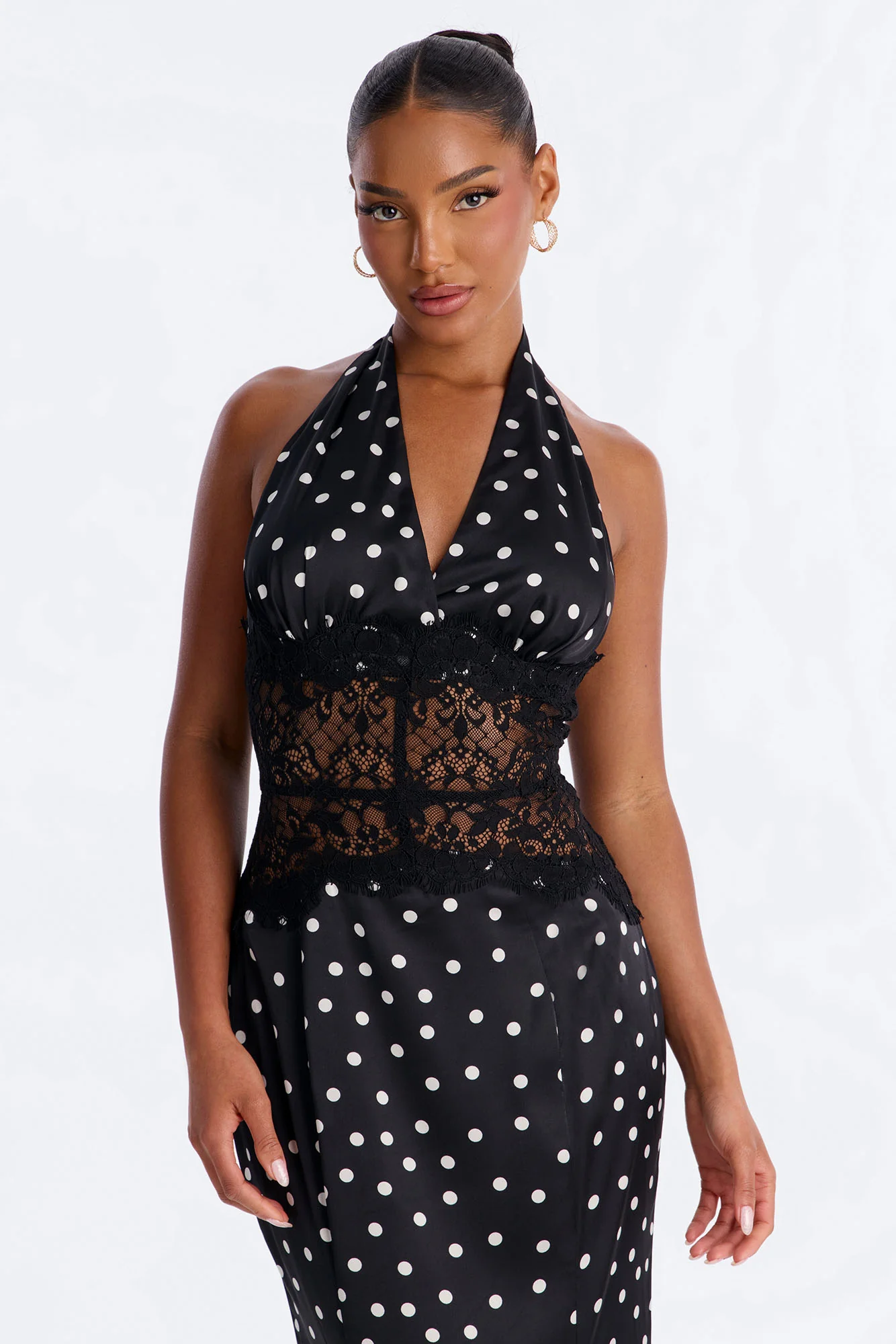 Mila Polka Dot Satin Maxi Dress - Black/White - Image 2