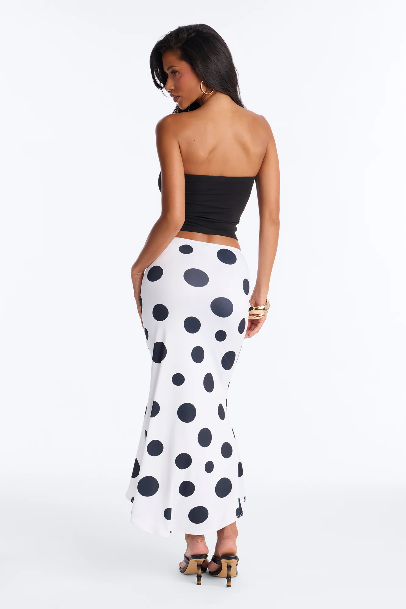 Mila Ruched Polka Dot Midi Skirt - White/Black - Image 4