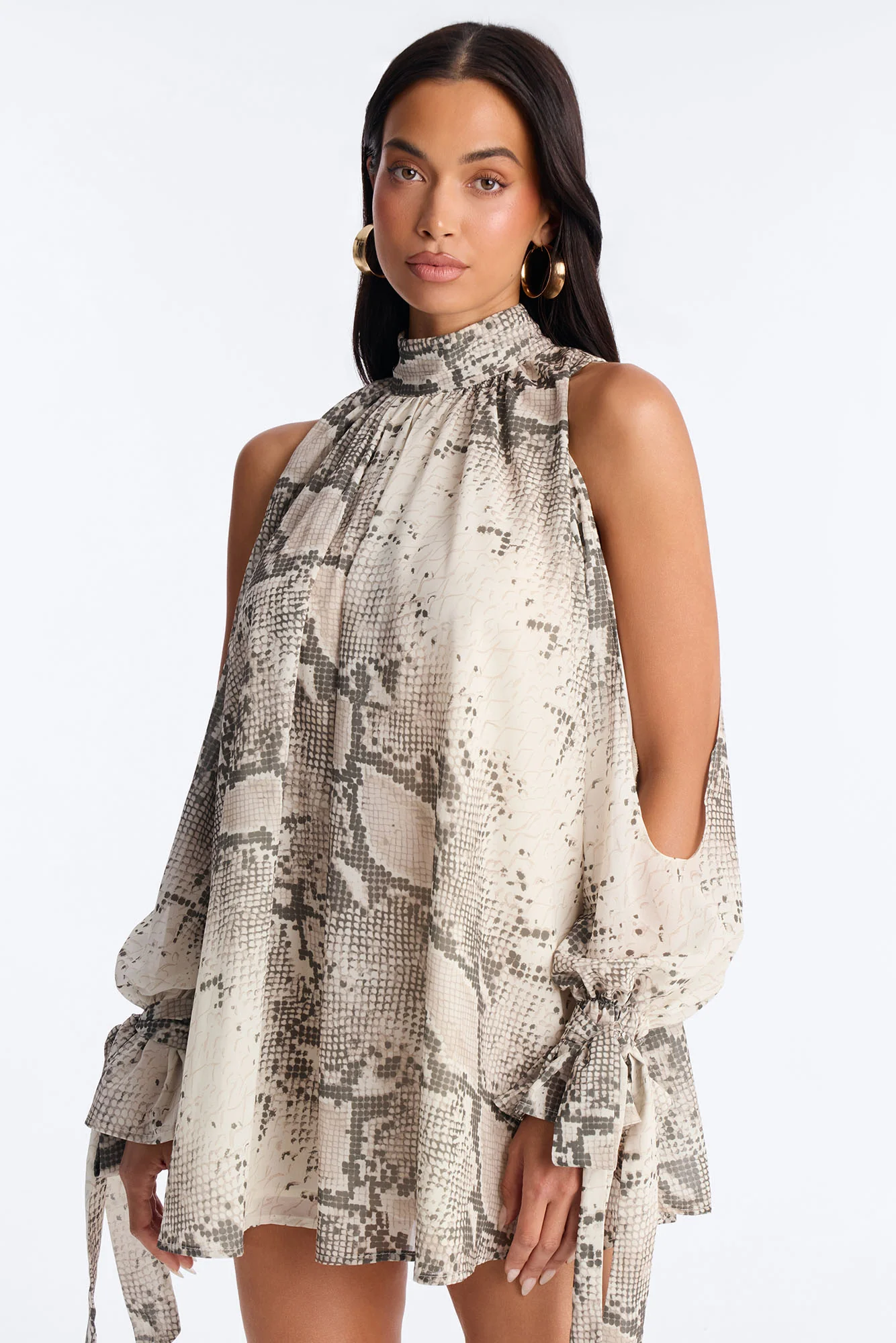 Mila Snake Print Chiffon Long Sleeve Mini Dress - Grey/combo - Image 3