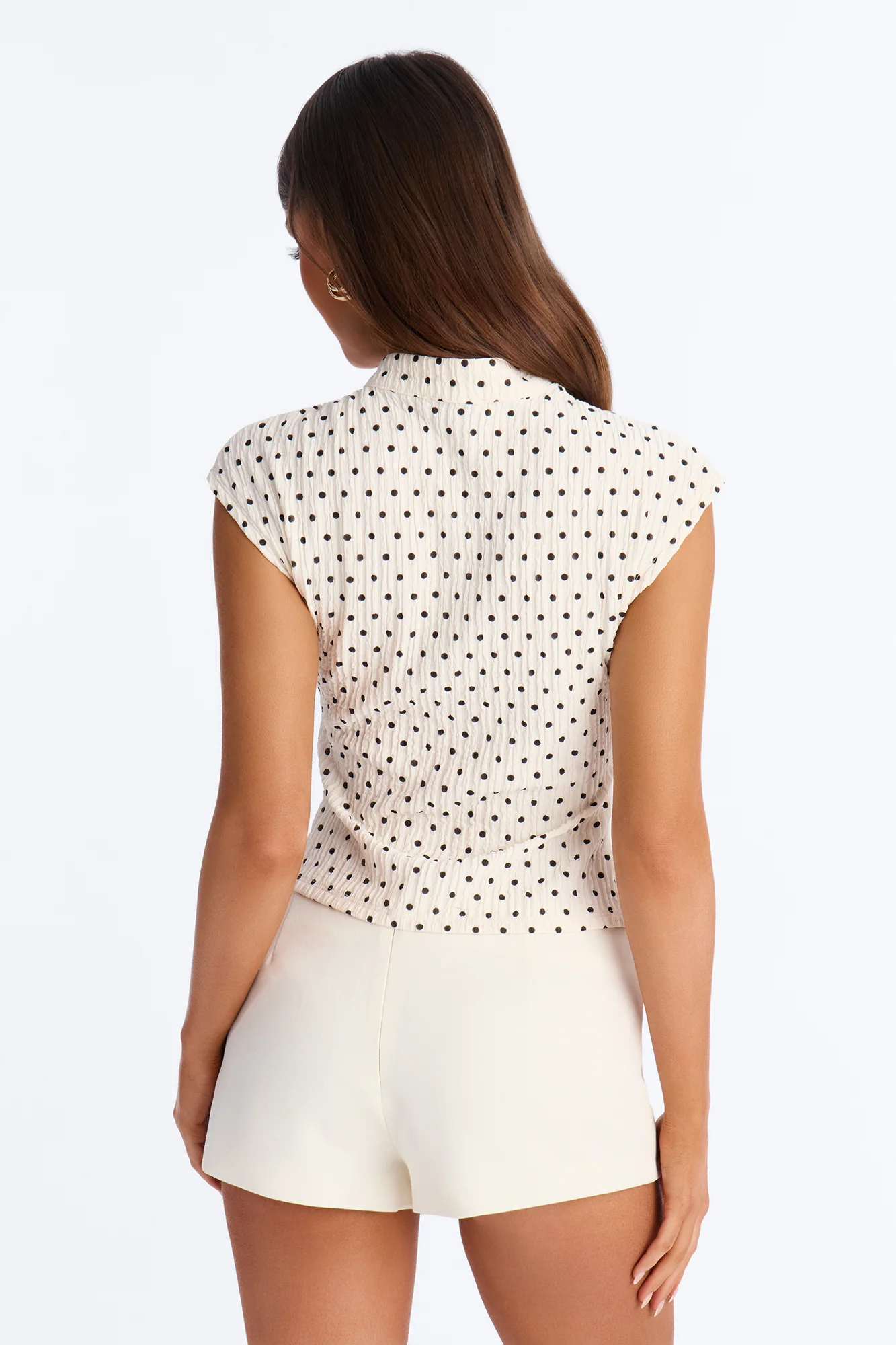Mina Textured Polka Dot Mock Neck Short Sleeve Top - Cream/combo - Image 4