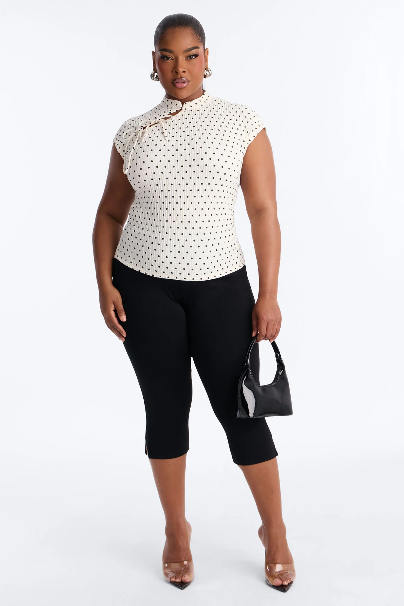 Mina Textured Polka Dot Mock Neck Short Sleeve Top - Cream/combo - Image 6