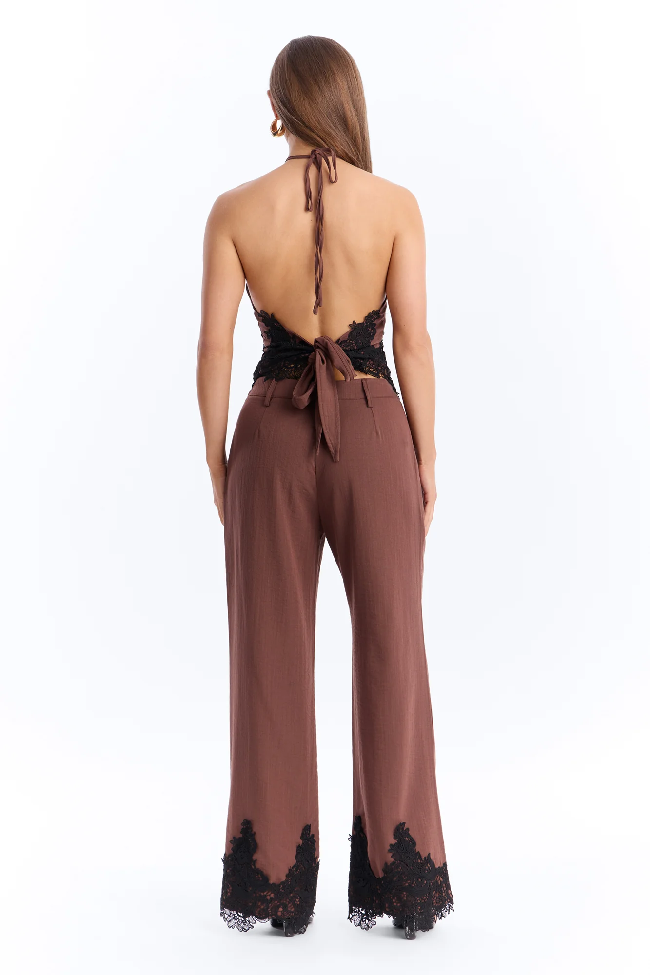 Mindy Halter Lace Trim Linen Pant Set - Brown - Image 5