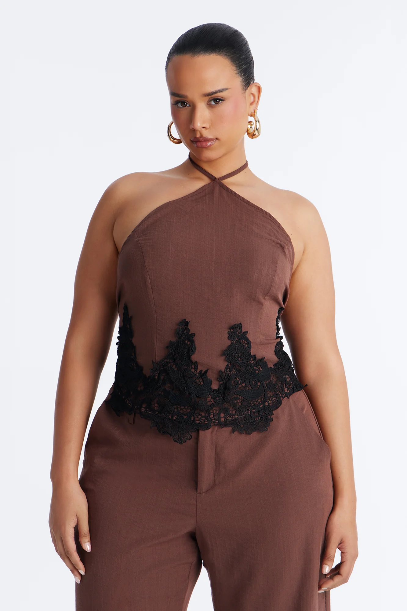 Mindy Halter Lace Trim Linen Pant Set - Brown - Image 7