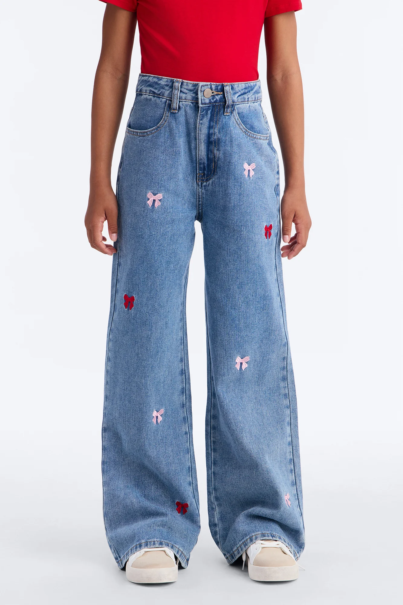 Mini Clara Embroidered Bow Straight Leg Jeans - Light Wash - Image 2