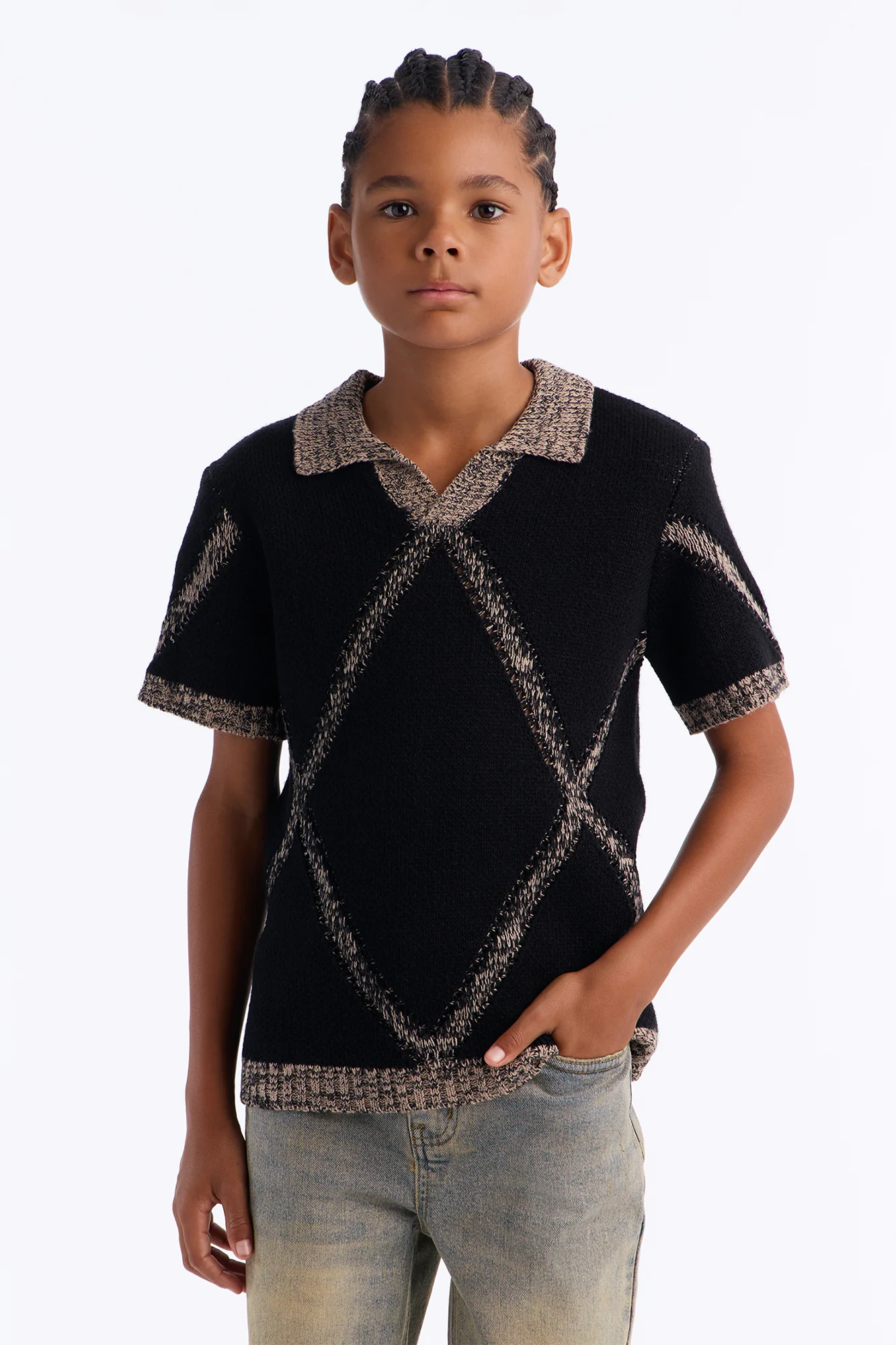 Mini Classic Argyle Knit Polo - Black