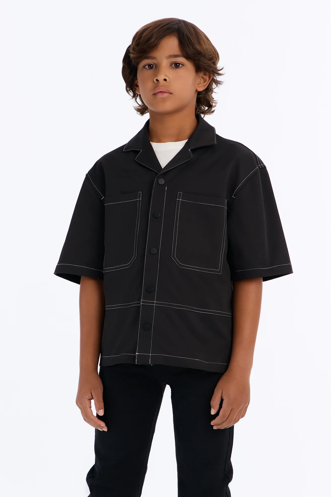 Mini Curtis Contrast Stitch Boxy Shirt - Black - Image 2