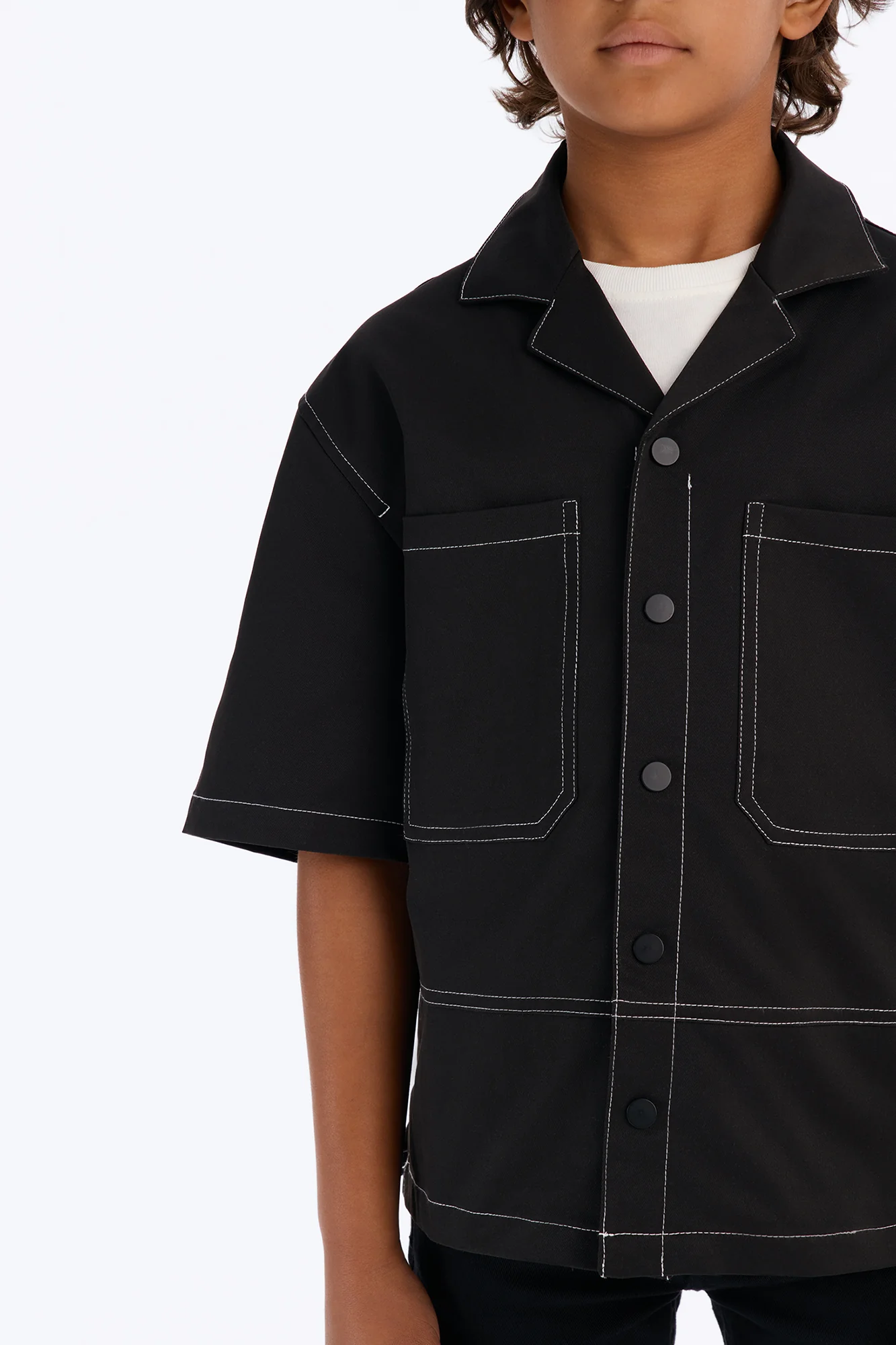 Mini Curtis Contrast Stitch Boxy Shirt - Black - Image 3