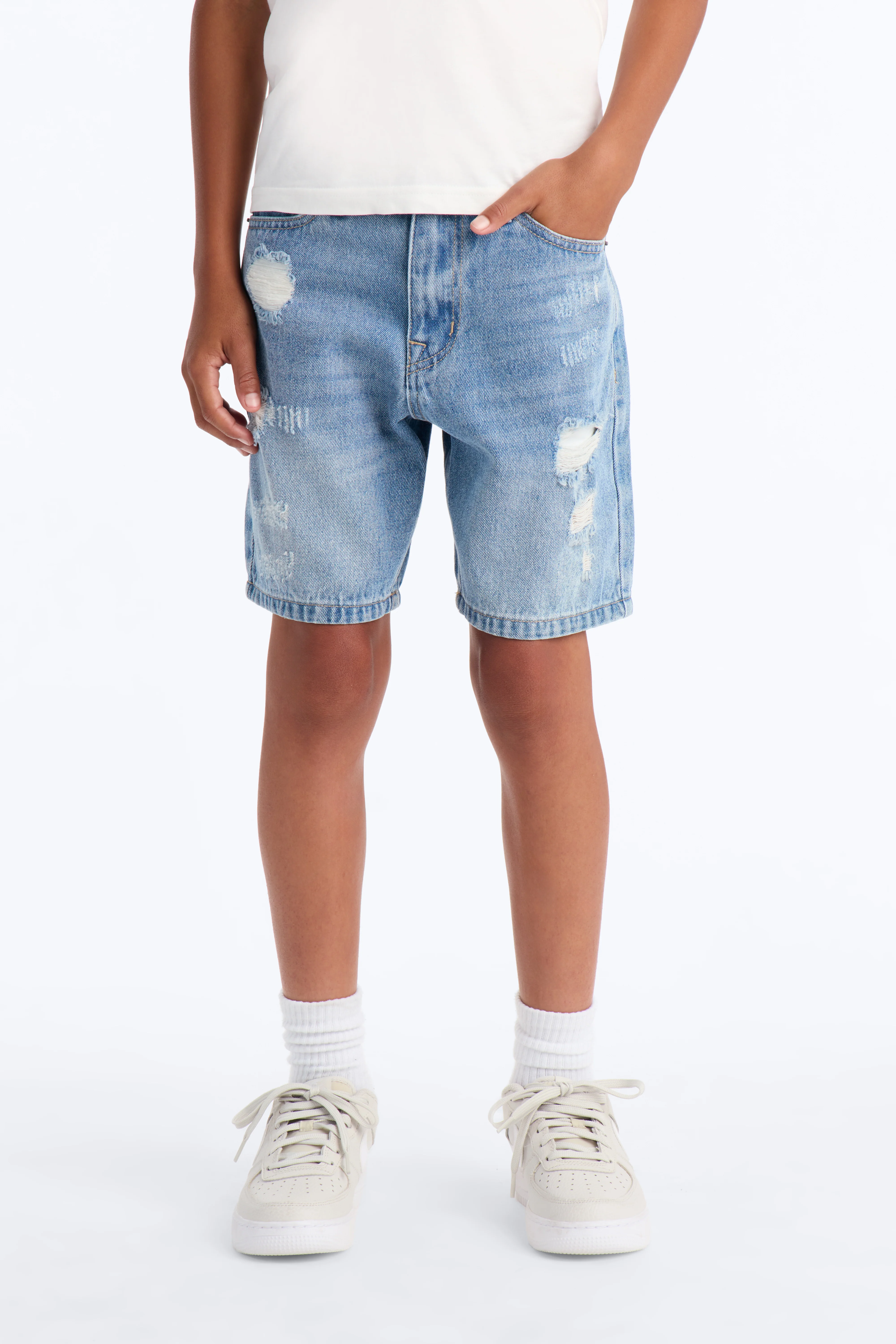 Mini Essential Destroyed Relaxed Denim Short - Medium Blue Wash