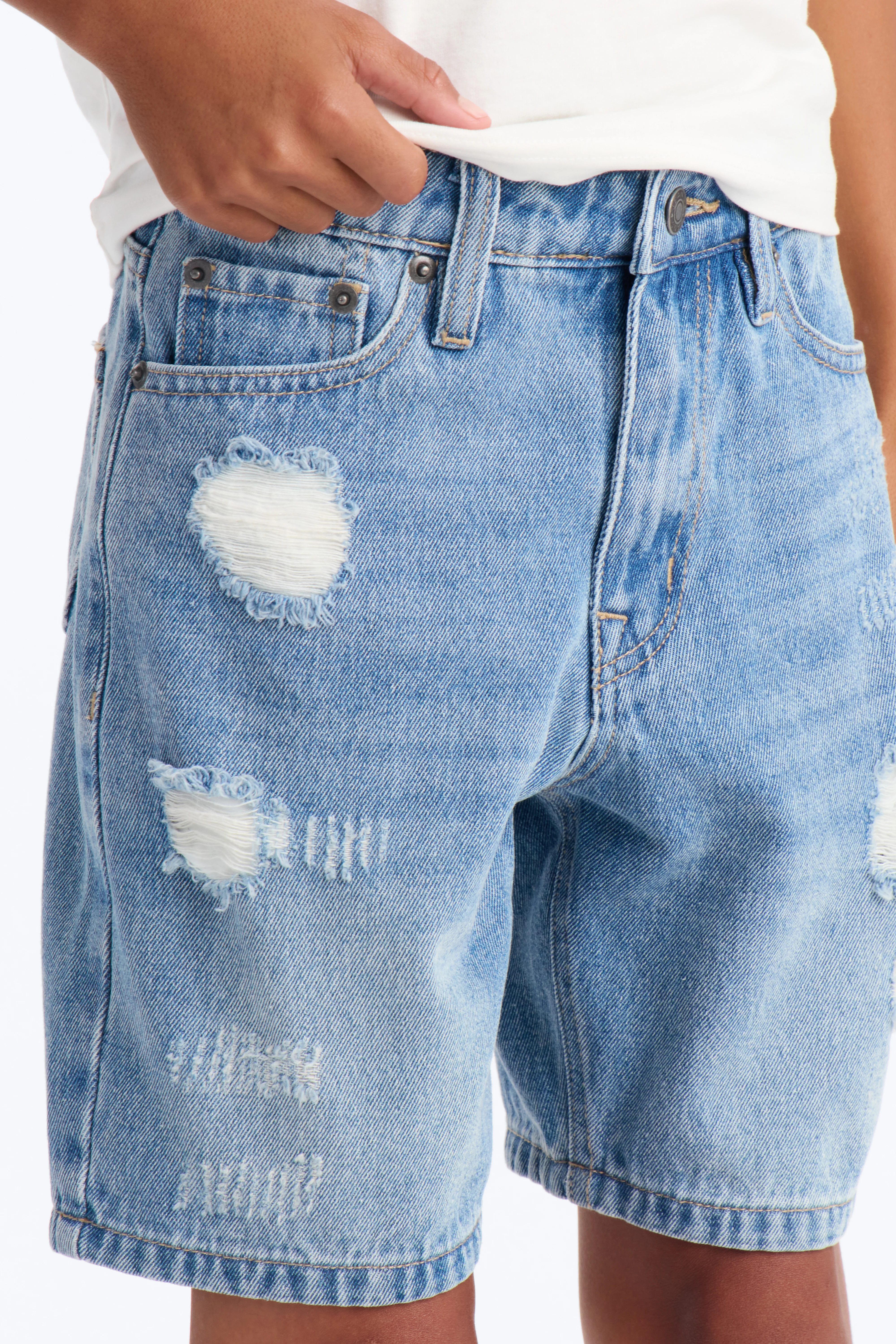 Mini Essential Destroyed Relaxed Denim Short - Medium Blue Wash - Image 4