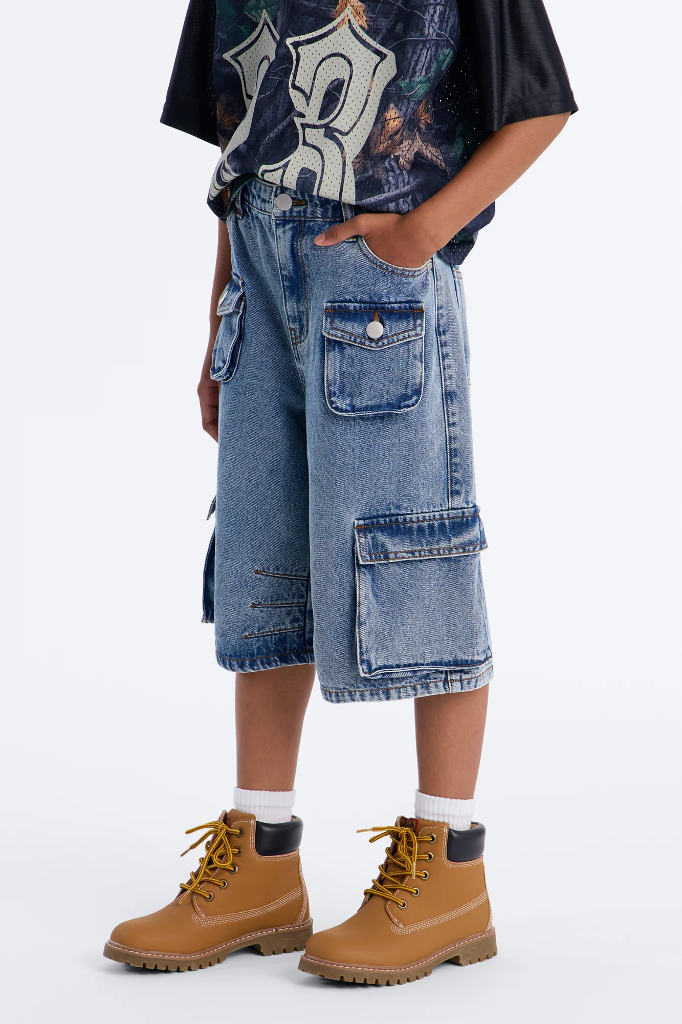 Mini Frankie Acid Wash Cargo Denim Jorts - Medium Wash - Image 2