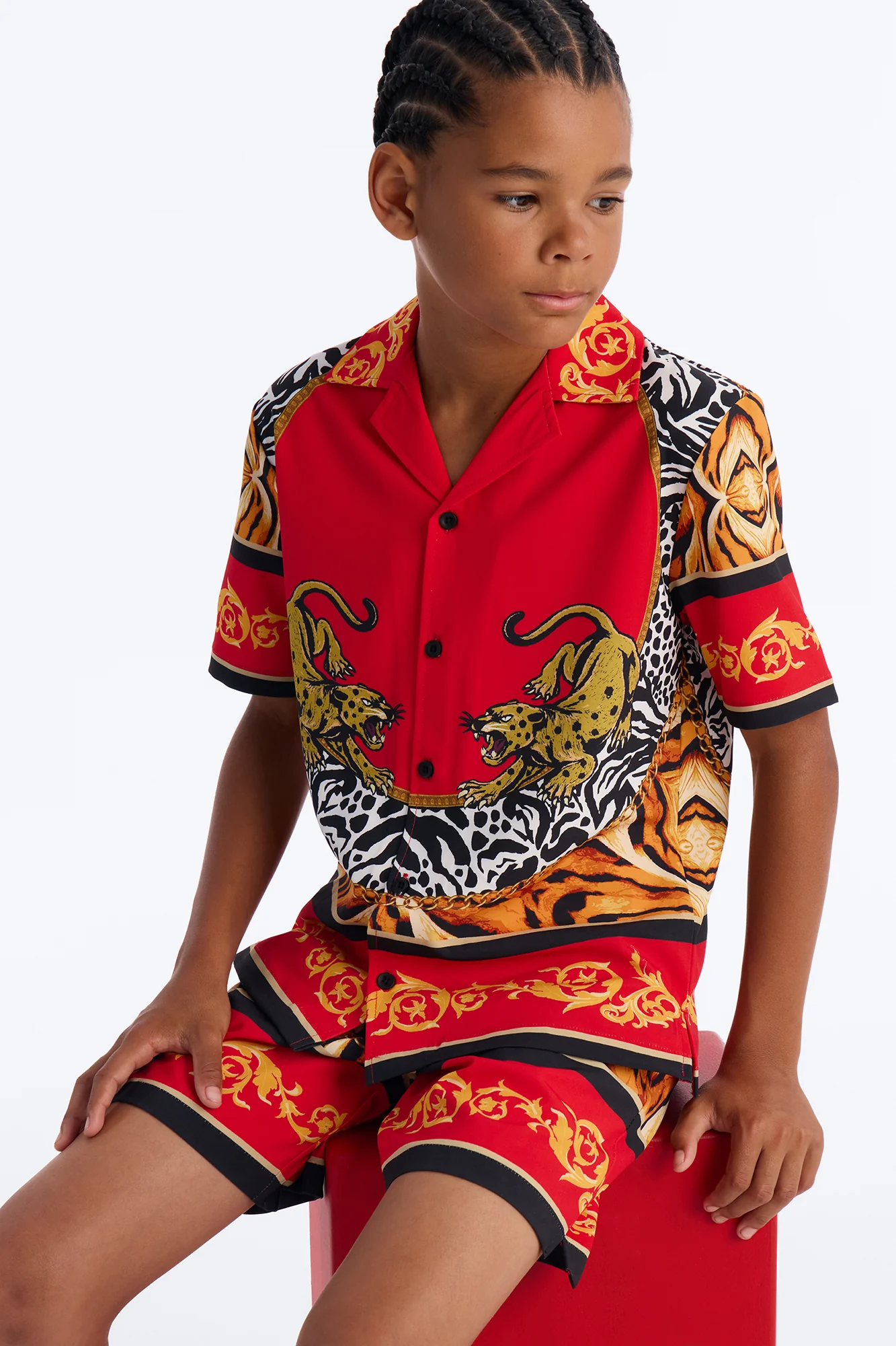 Mini Jungle Royale Baroque Cuban Collar Button Up Shirt - Red - Image 3