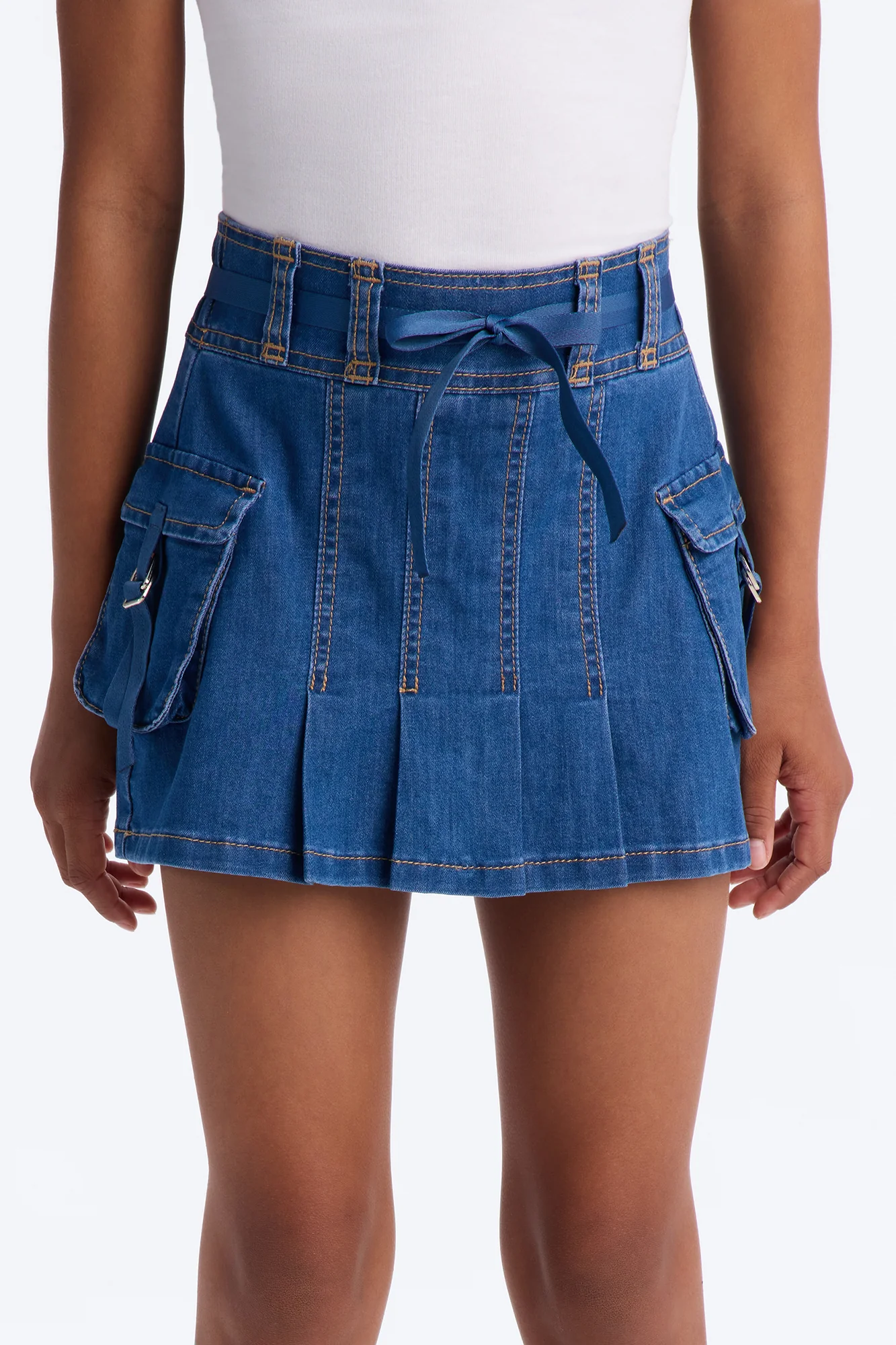 Mini Melanie Pleated Cargo Denim Mini Skirt - Blue