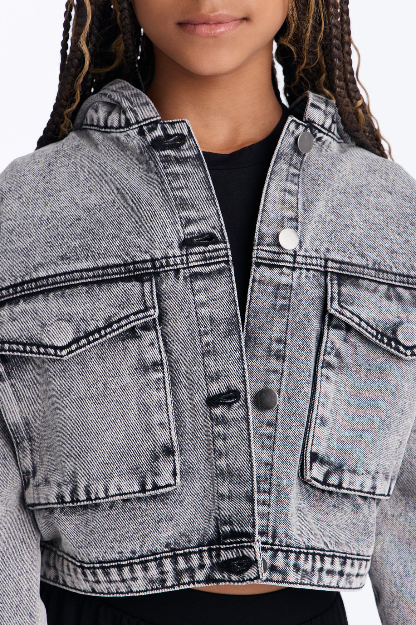 Mini No Explanation Hooded Denim Jacket - Acid Wash Grey - Image 3