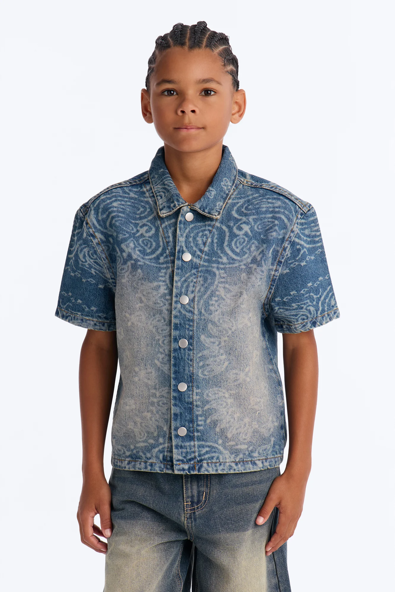 Mini Paisley Last Denim Button Up Shirt - Medium Wash