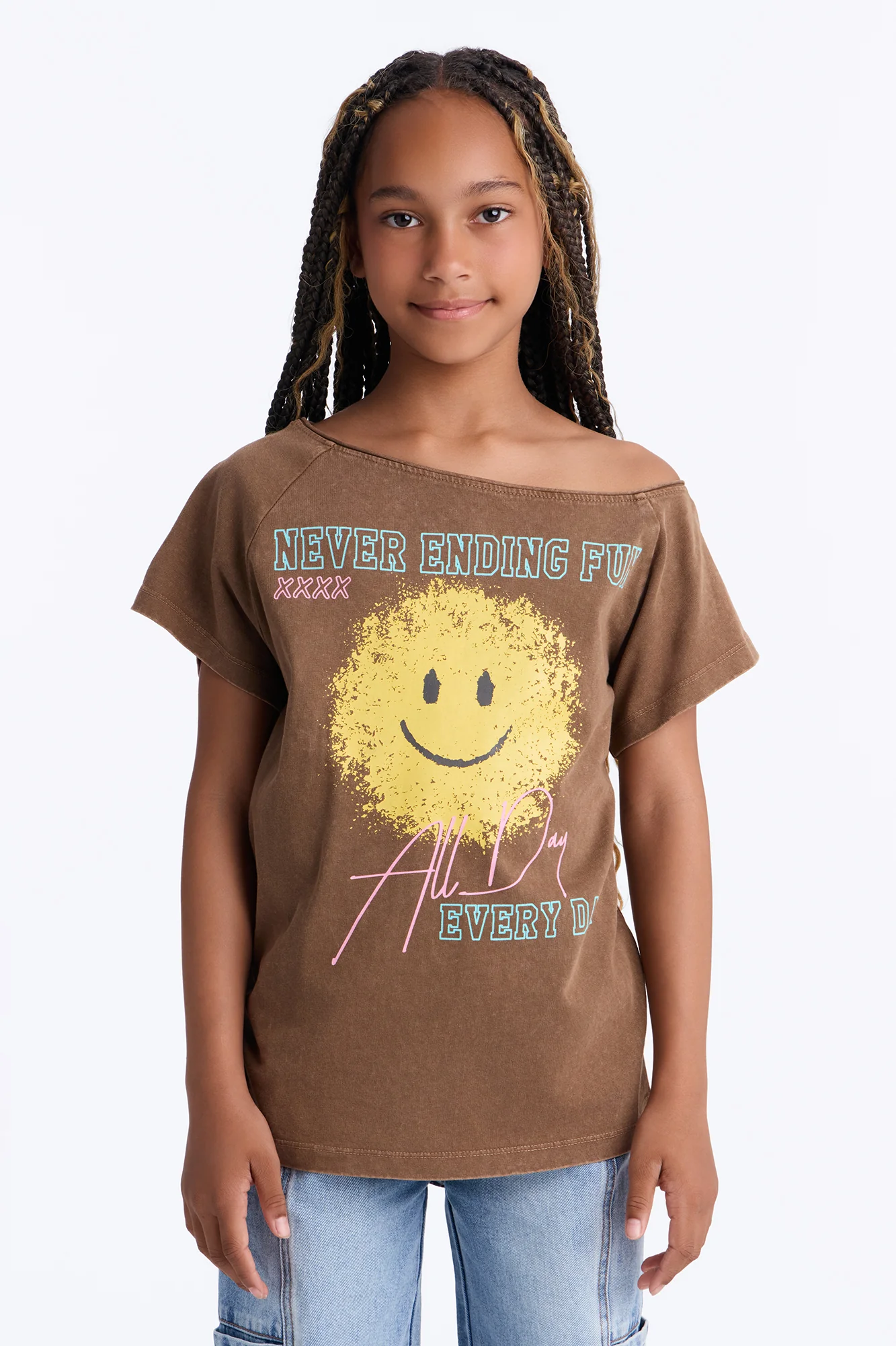 Mini Smiley Face Off Shoulder Tee - Brown