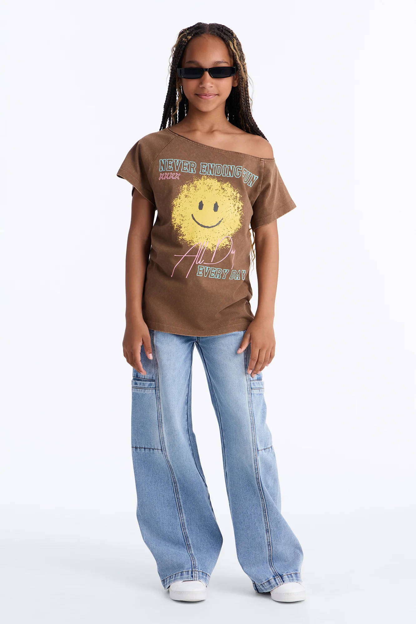 Mini Smiley Face Off Shoulder Tee - Brown - Image 2