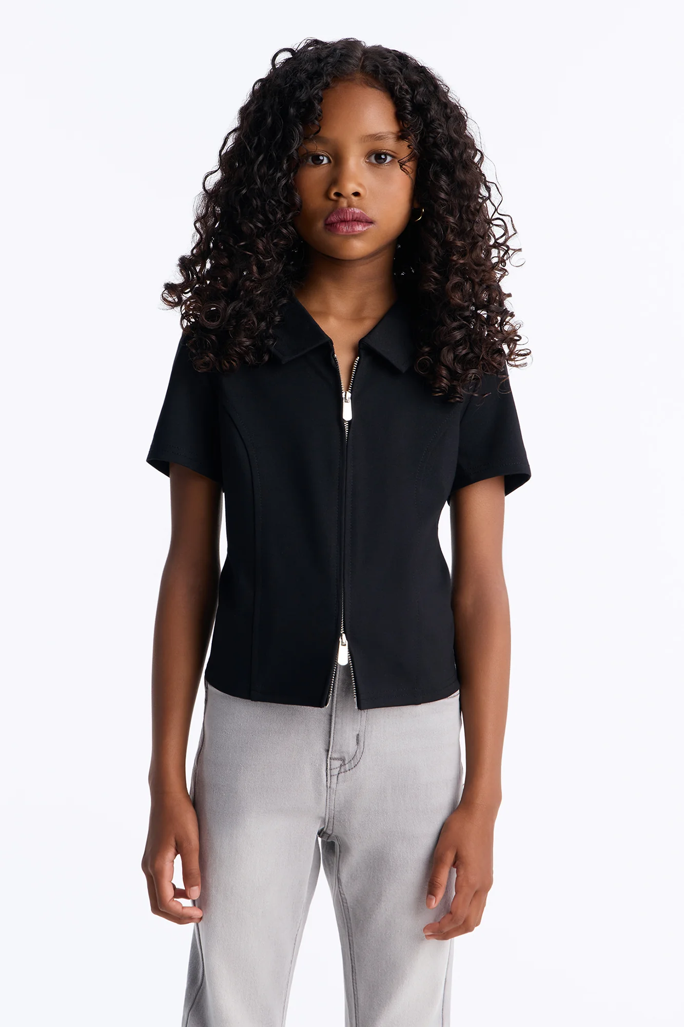 Mini Stay In Your Lane Short Sleeve Zip Front Shirt - Black