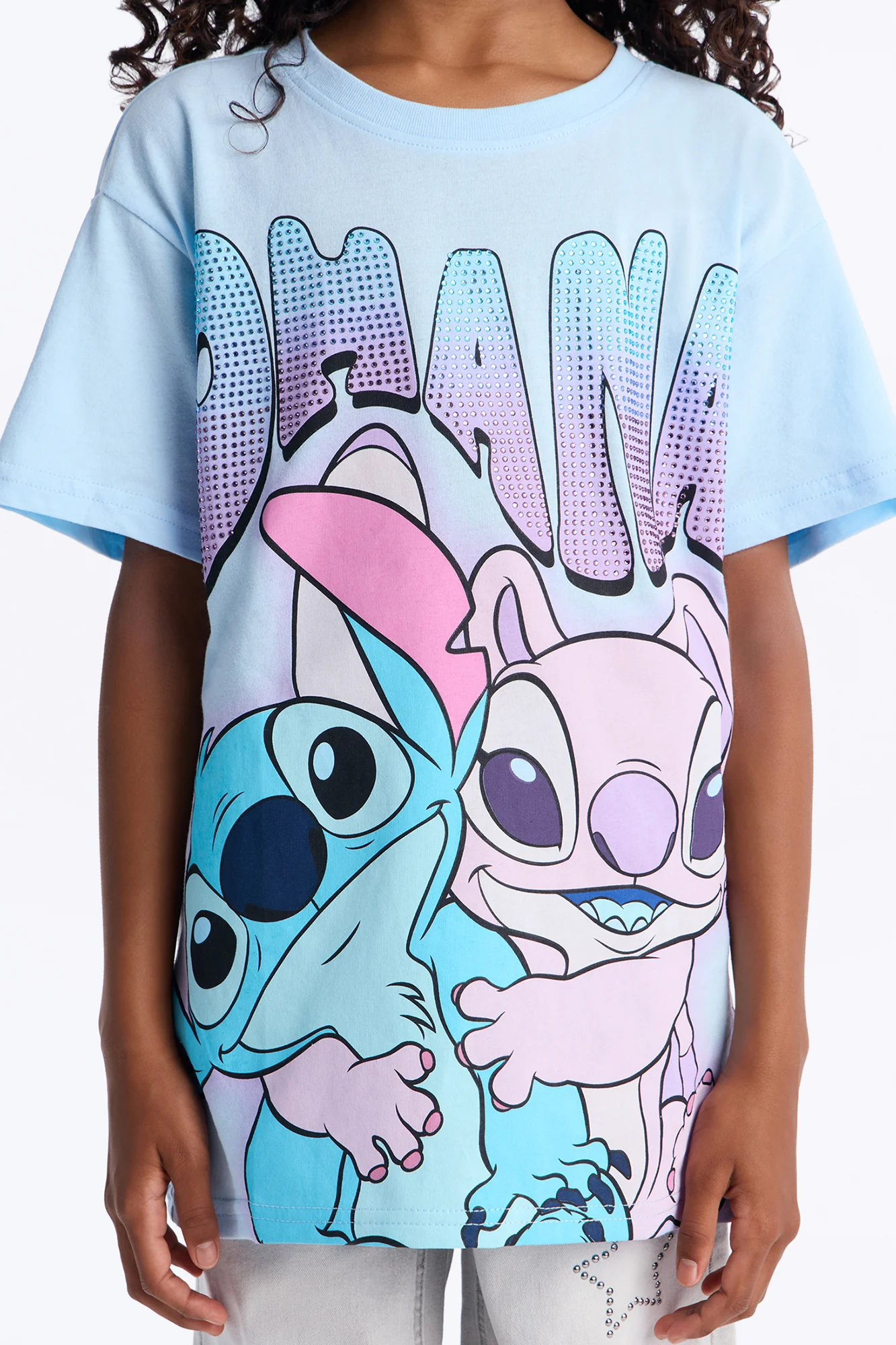 Mini Stitch And Angel Ohana Rhinestone Short Sleeve Tee - Light Blue - Image 2