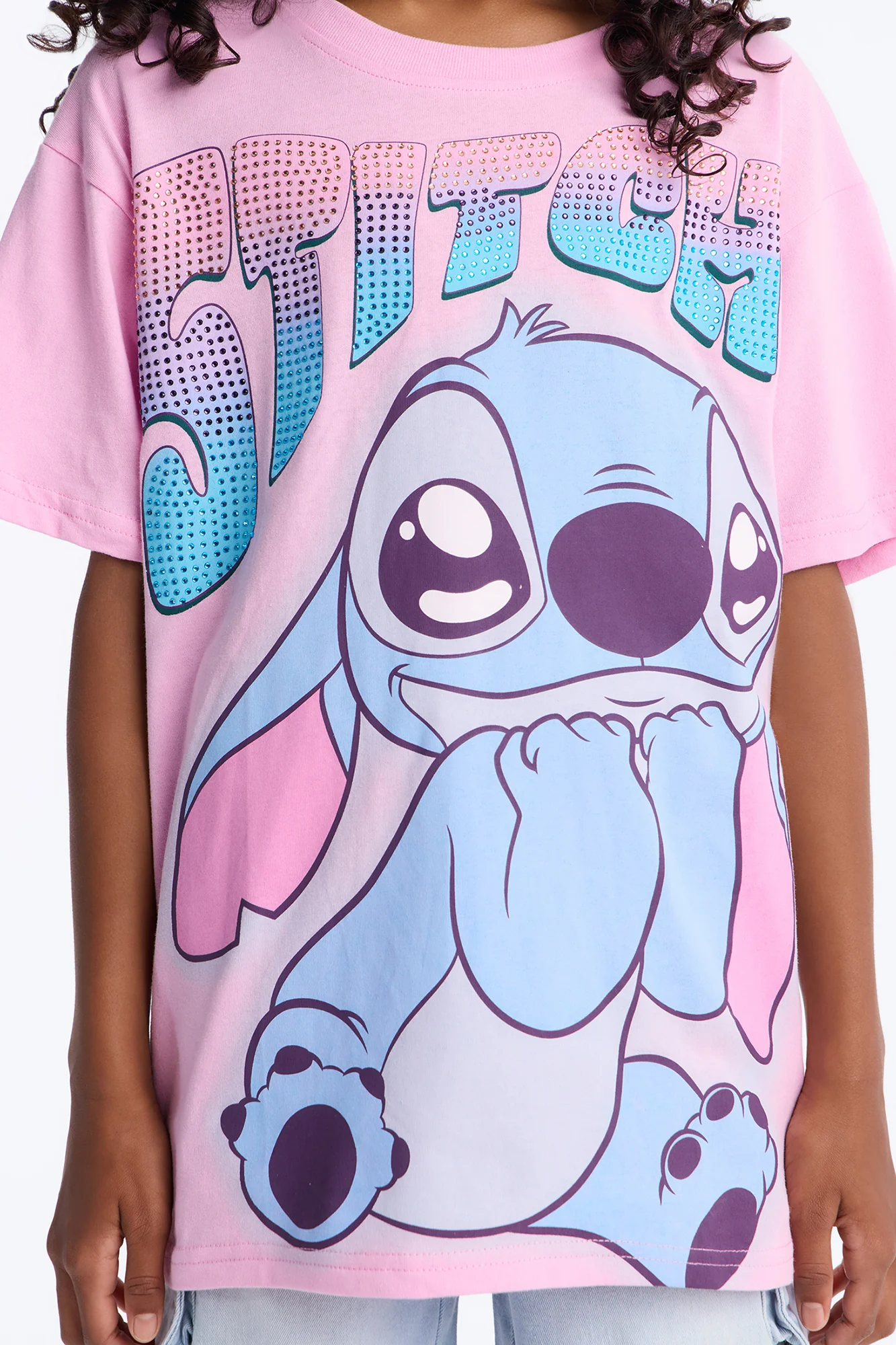 Mini Stitch Rhinestone Short Sleeve Tee - Pink - Image 3