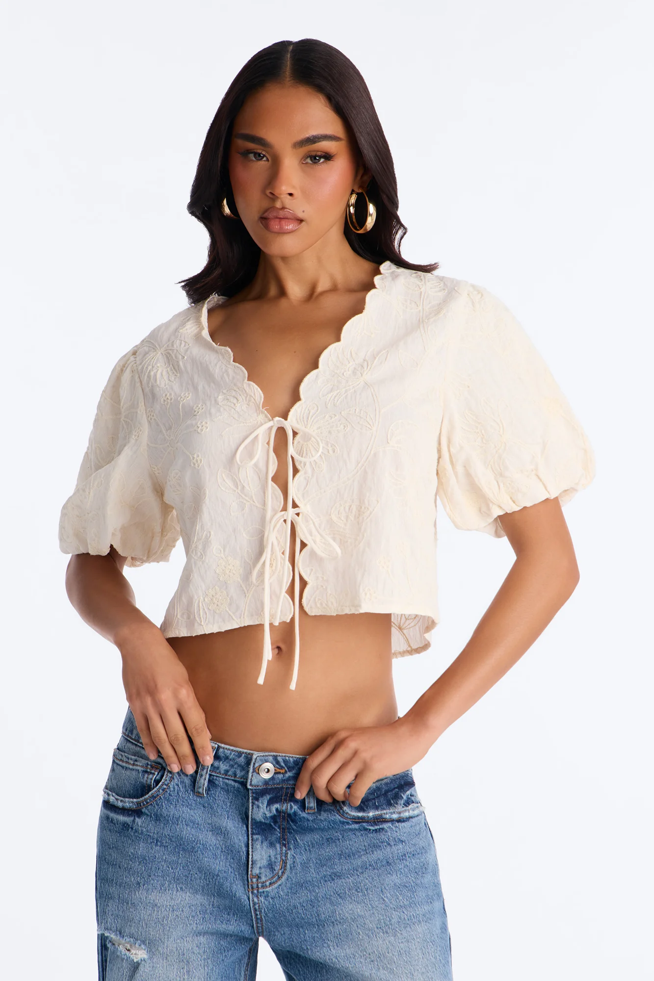 Mira Embroidered Tie Front Linen Top - Cream