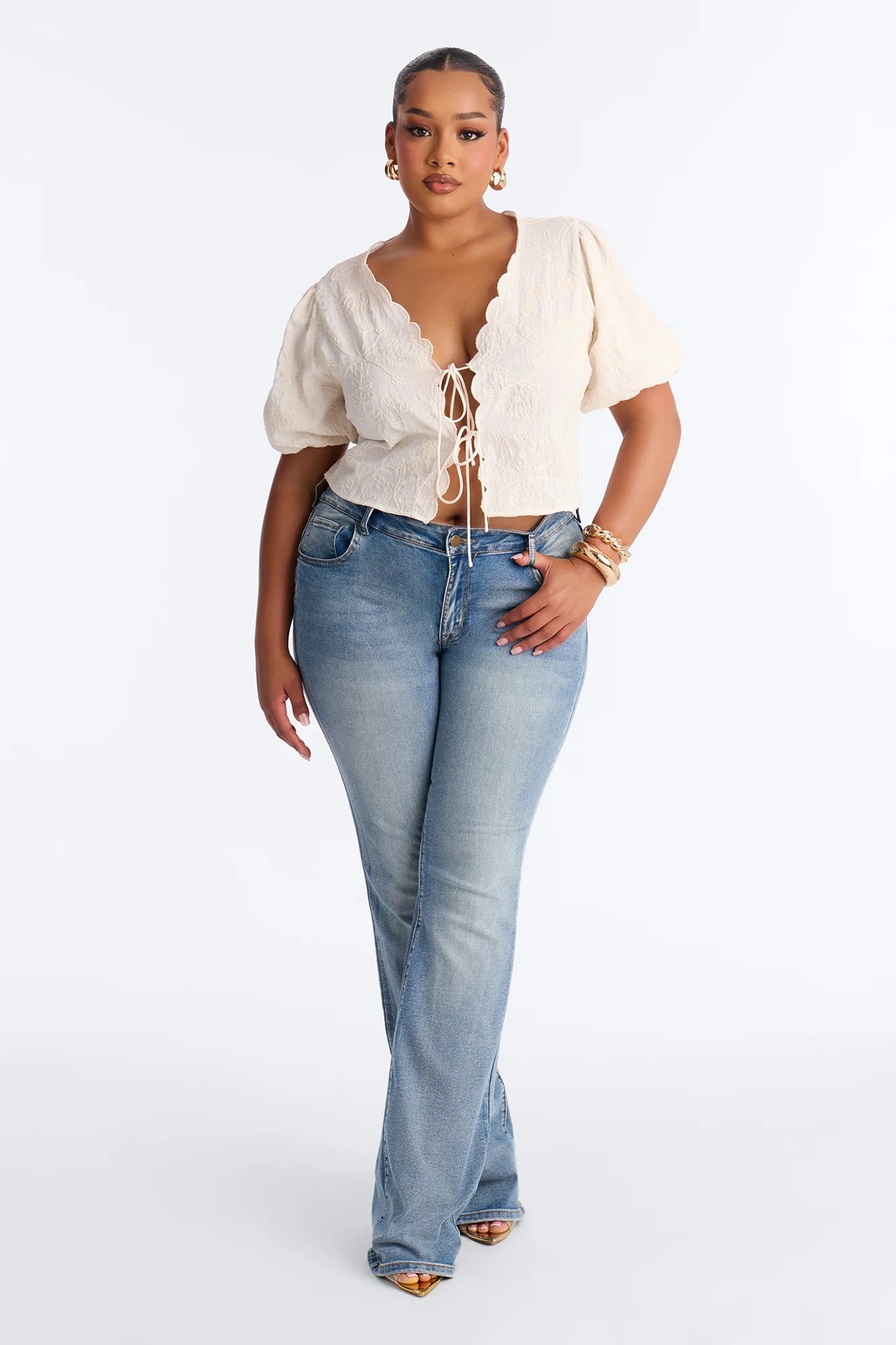 Mira Embroidered Tie Front Linen Top - Cream - Image 6