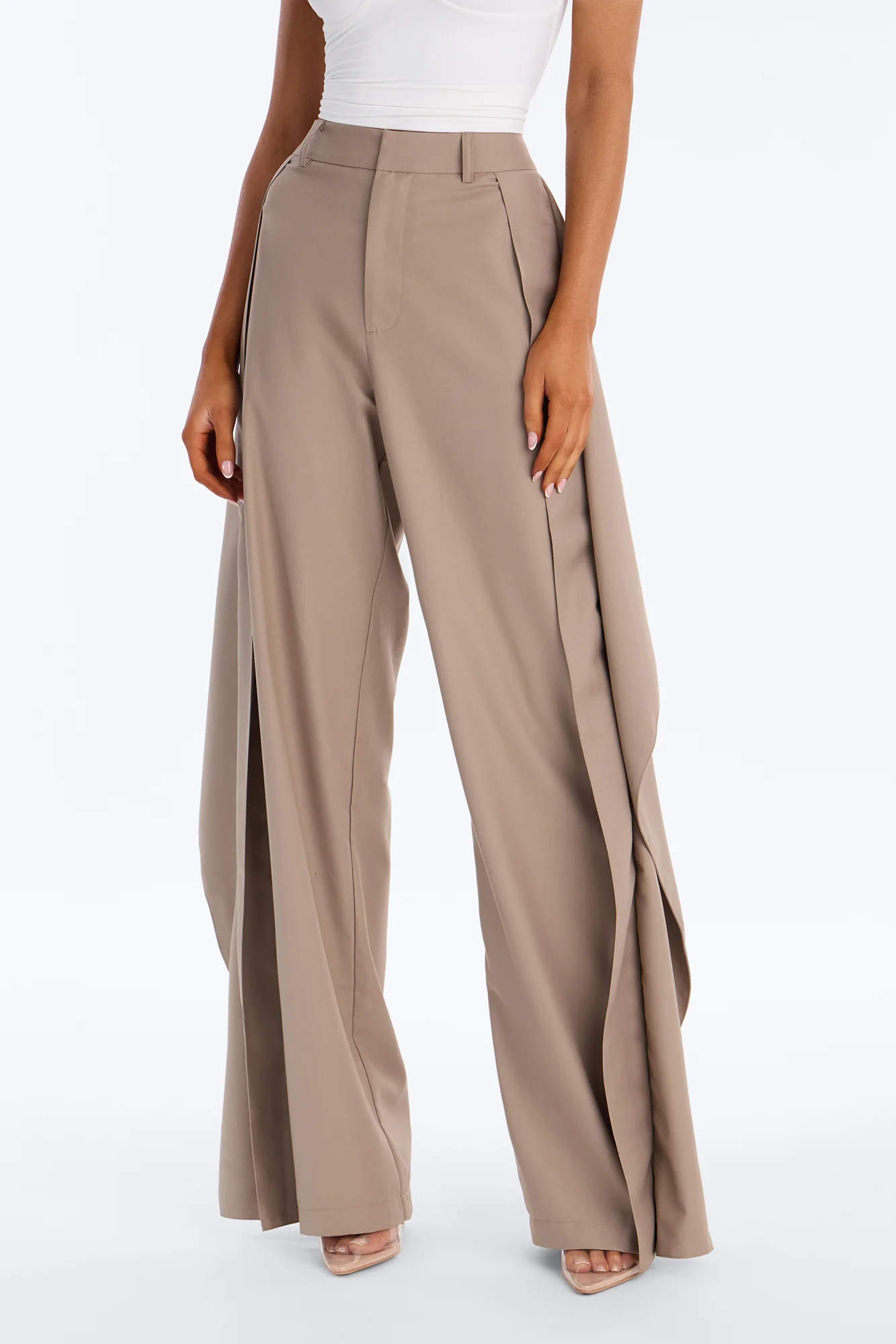 Mirage High Rise Layered Ruffle Wide Leg Trouser - Stone - Image 2