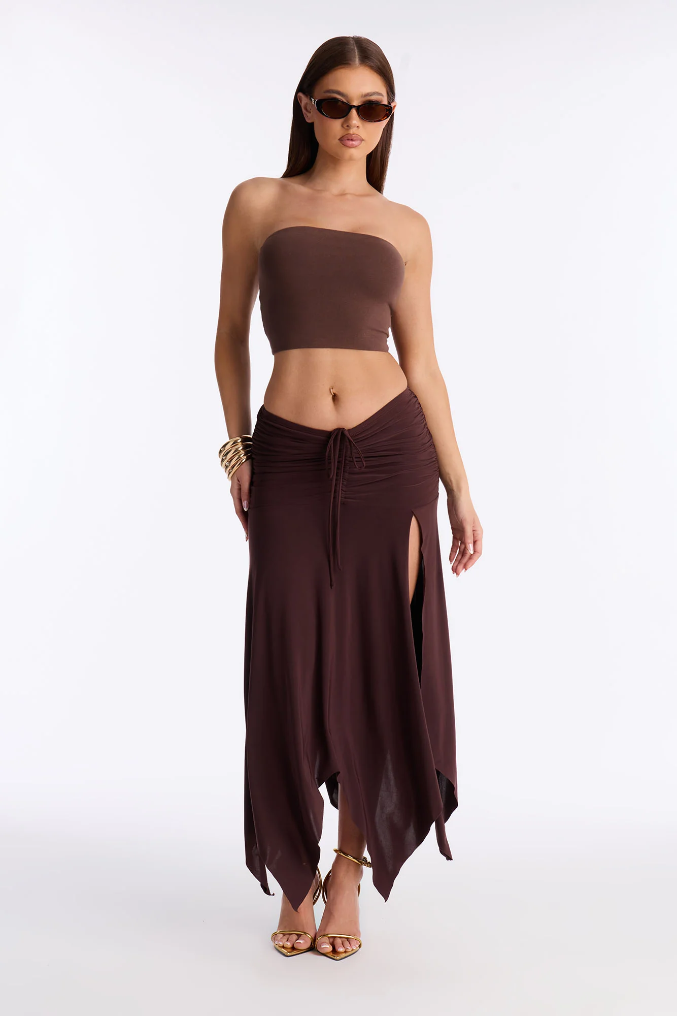 Miranda Low Rise Ruched Flowy Midi Skirt - Brown